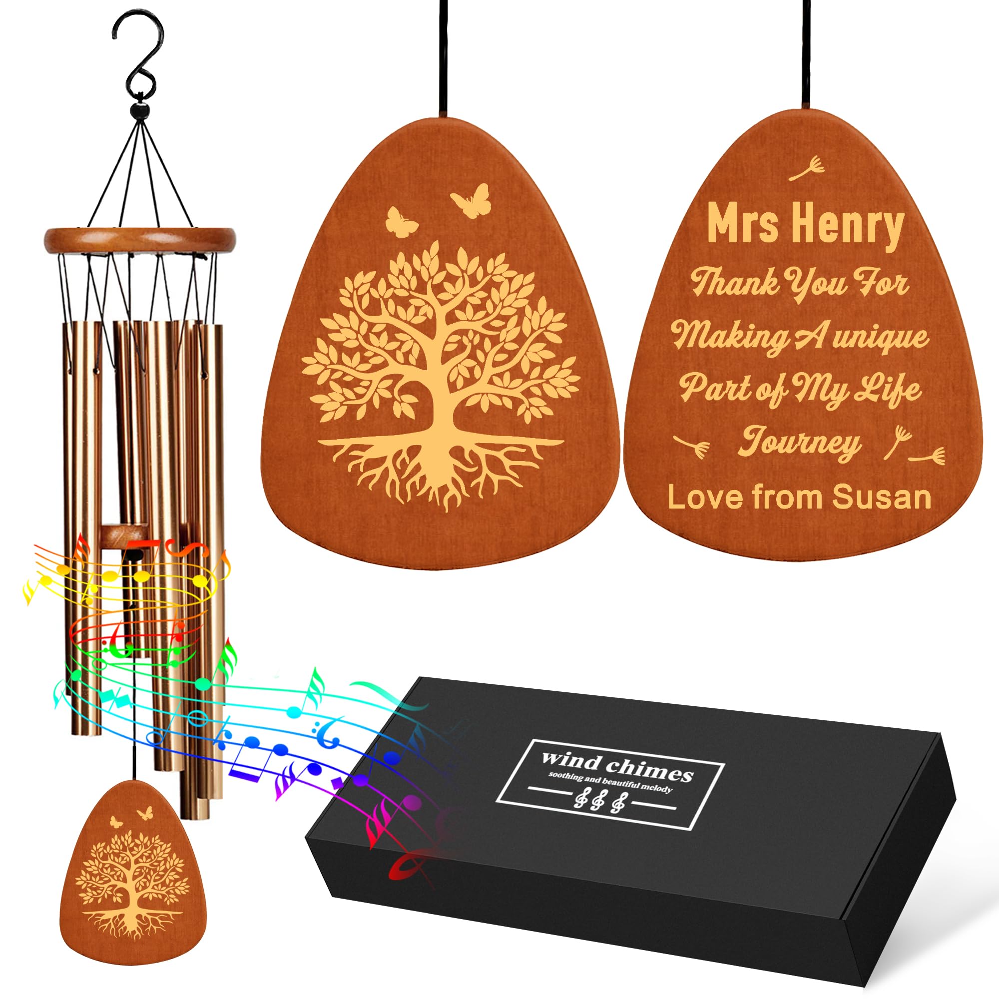 EDSG Thank You Teacher Gifts, Personalised 25.5 Inch Thank You Wind Chimes Gift, Personalised Teacher Gifts, Best Teachers Gift for Thanksgiving(Champagne Gold, Design 1)