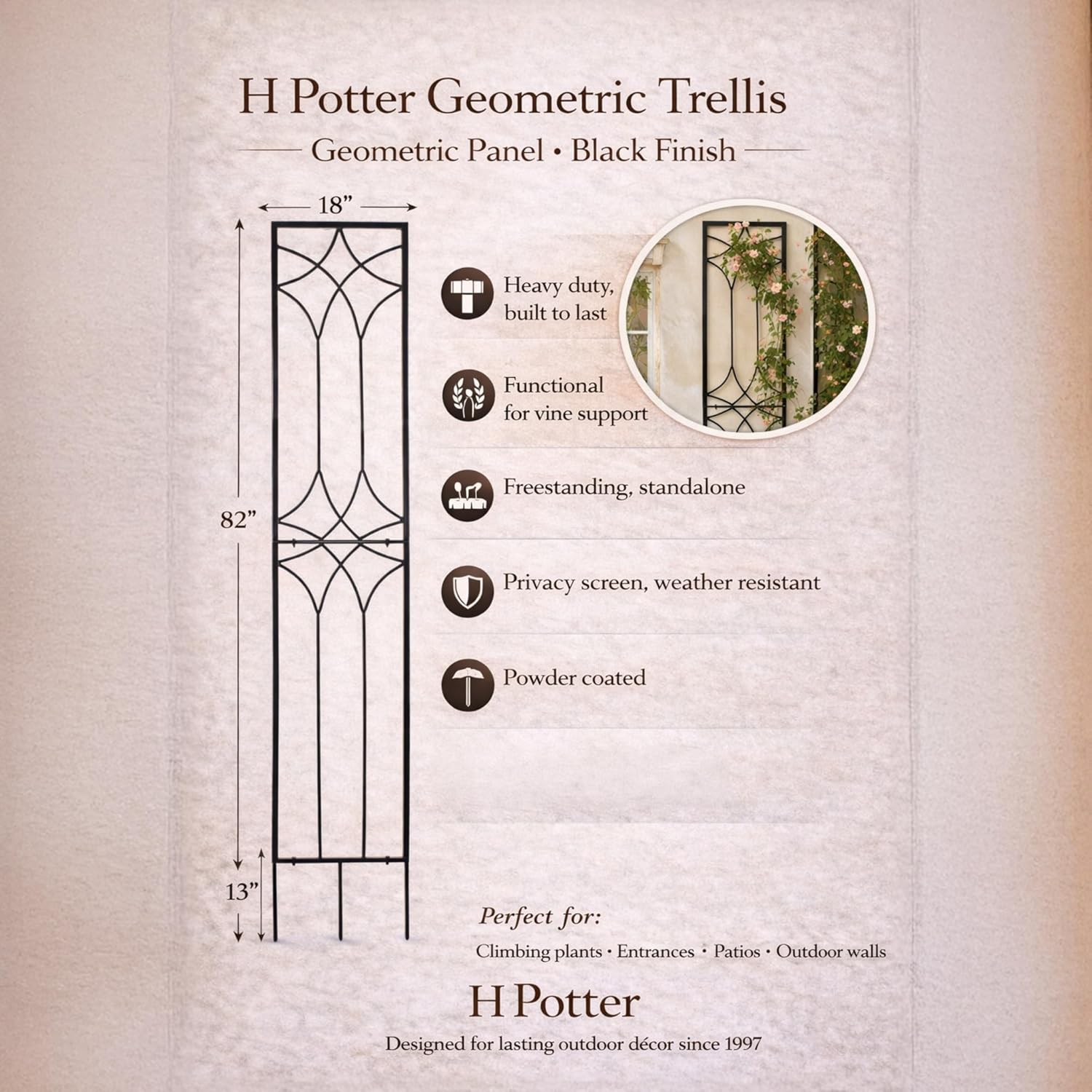 H Potter Tall 82” Geometric Garden Trellis – Heavy Duty Iron Metal Panel, Narrow 18” Wide Outdoor Freestanding Climbing Plant Support (Black)