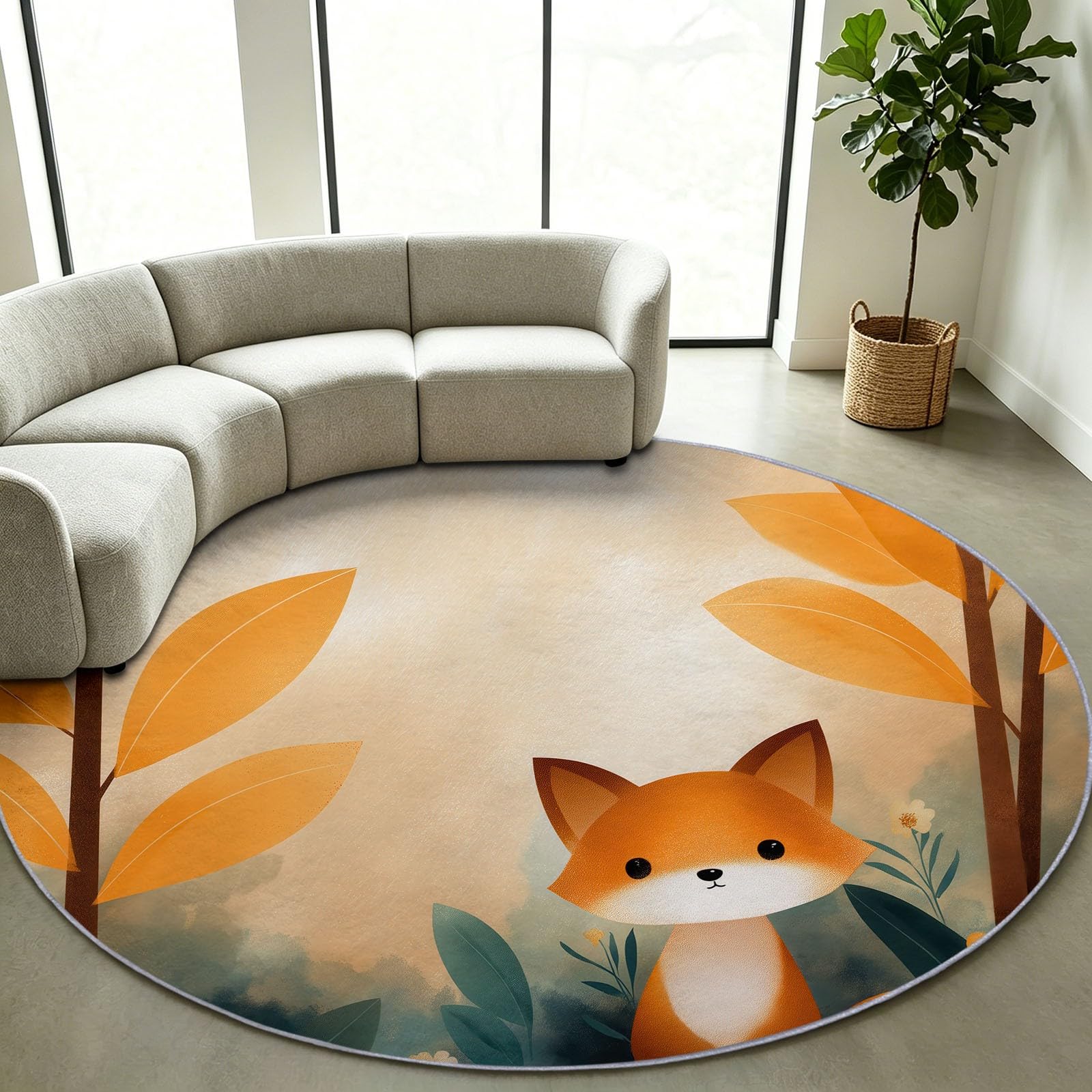 Tappeto rotondo per soggiorno e camera da letto, morbido e grazioso tappeto stampato con foresta di volpi, antiscivolo, lavabile, per comodino, cucina, decorazione per la casa, 1 pezzo (60 cm