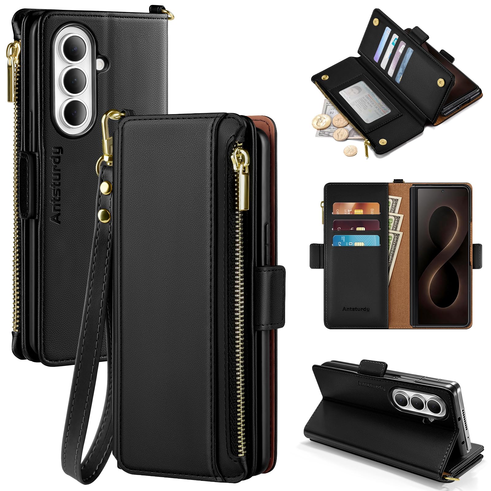 Antsturdy Funda tipo cartera para Samsung Galaxy Z Fold8 Ultra, de piel sintética, con bloqueo RFID, función atril con ranuras para tarjetas con cremallera, correa de muñeca, funda para teléfono para