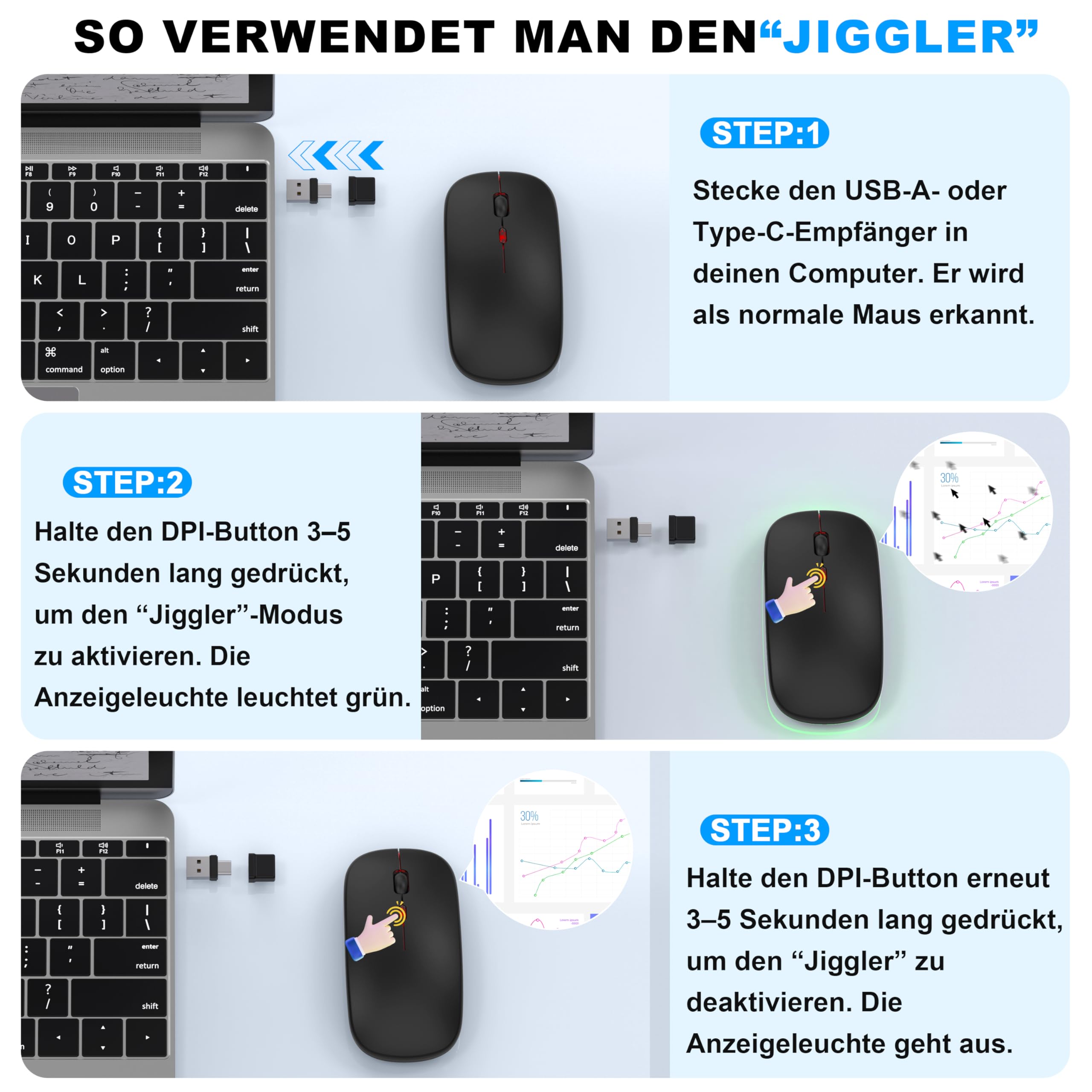 Mouse wireless con modalità jiggler – Bluetooth 5.2 & 2.4G radio per computer portatile, PC, iOS, Android, iPad e Windows, LED a 7 colori e 1600 DPI ottico (Modalità Jiggler, Nero)