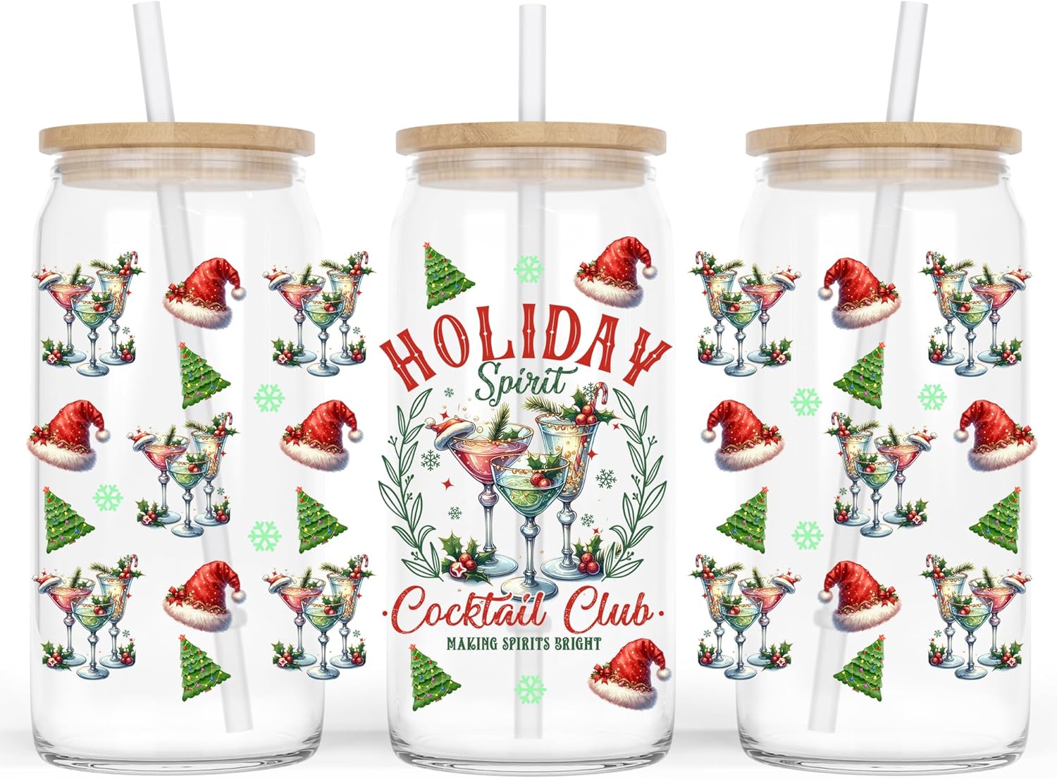 Christmas Holiday Spirit UV DTF Sticker wrap 16oz Glass Cup