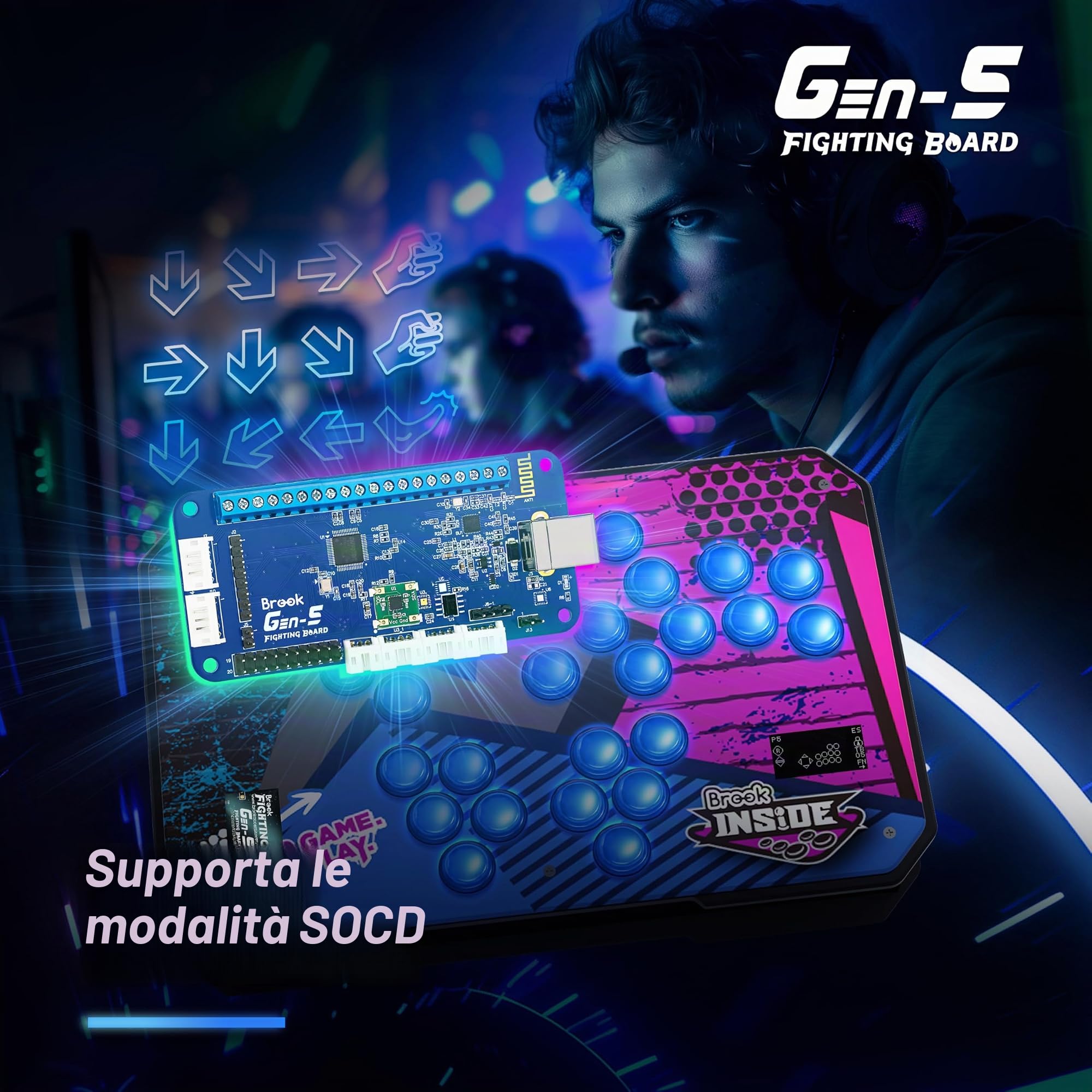 Brook Gaming GEN 5 Fighting Board con adesivo RGB - Supporto multipiattaforma per PS5, PS4, Switch, Switch 2 e PC - Ingresso ultraveloce per il gioco competitivo 【Versione esclusiva】