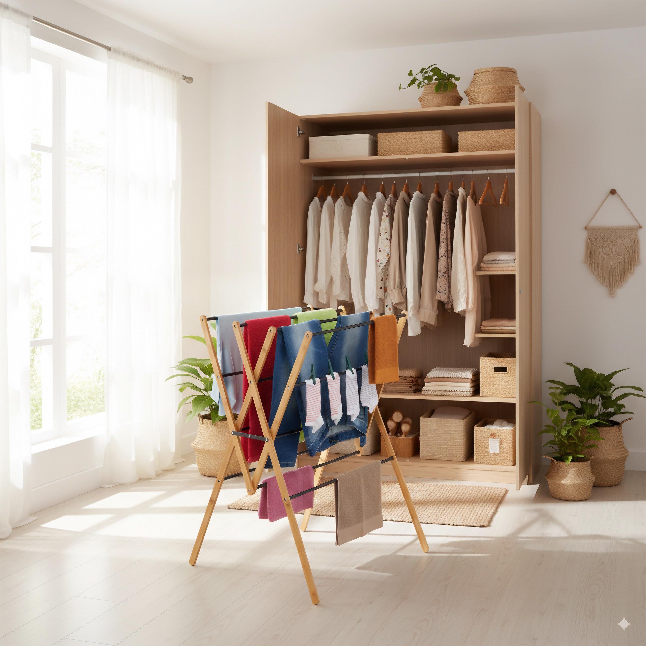 Tendedero Relaxdays, Plegable, 12 Varillas, 93 x 70 x 62 cm, bambú, Metal, Torre, Natural/Negro