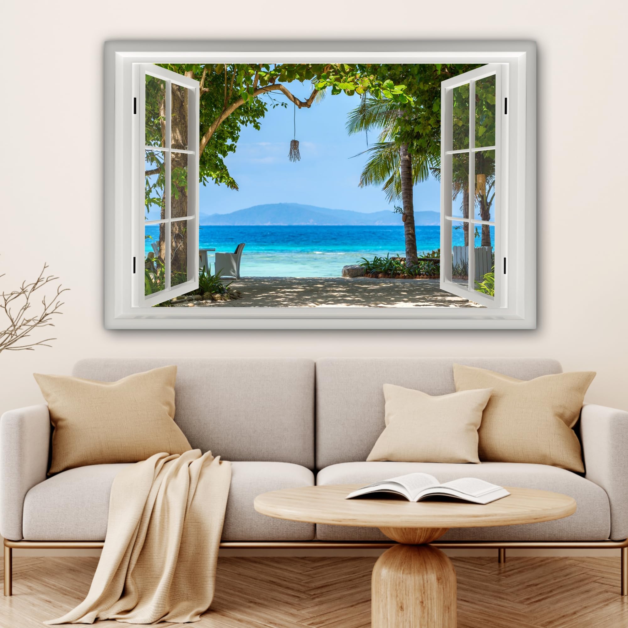 MuchoWow© Quadri su Tela 120x80 cm Foto Quadro Moderno Soggiorno Canvas Decorazioni Camera da Letto Vista dalla finestra - Albero - Mare - Palma - Colline - Spiaggia - Blu