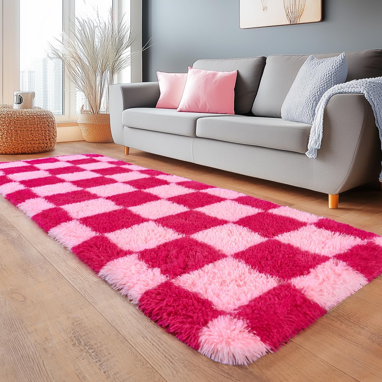 Fluffy Area Rugs for Living Room, Soft Shaggy Carpets for Living Room, Upgrade Anti-Slip Fuzzy Rugs for Kids' Room, Perfect Decor for Modern Home Hot Pink Grid 2x6 Feet