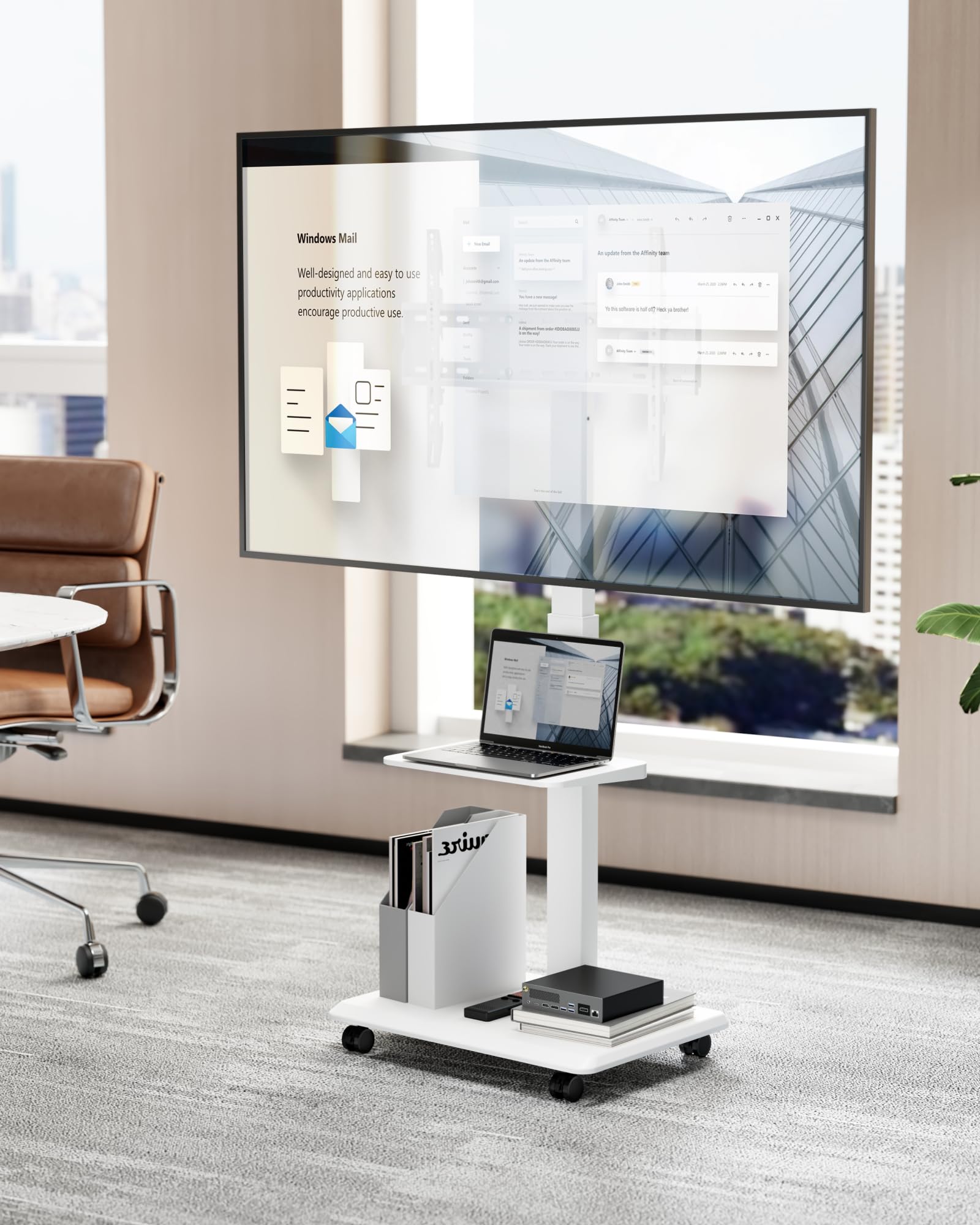 TV Ständer Rollbar aus Stahl für 37-75 Zoll Fernseher bis zu 50kg, Schwenkbar Fernsehständer Höhenverstellbarer mit Ablage, TV Bodenständer mit Versteckter Kabelverwaltung, VESA 600 x 400mm