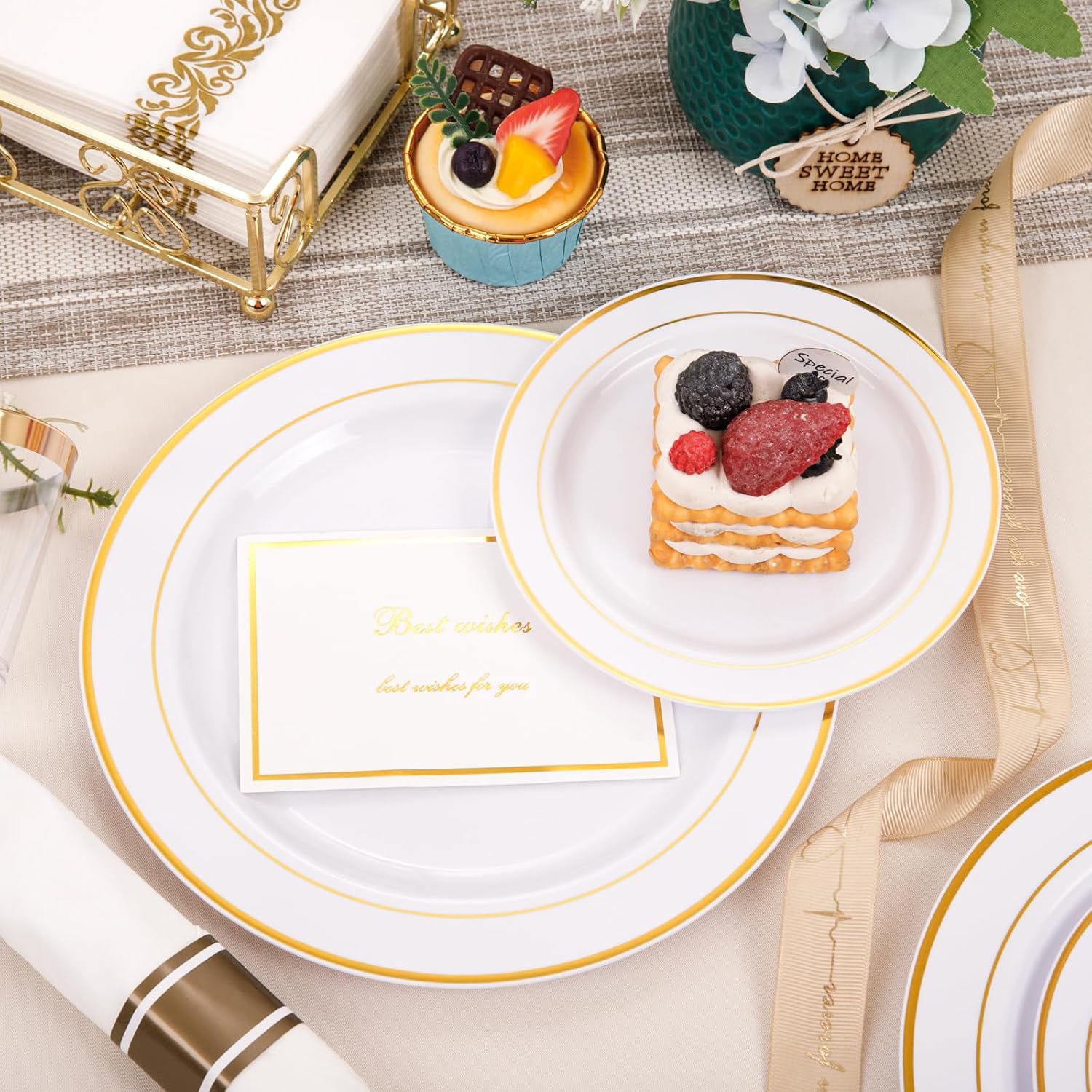350 Piece Gold Plastic Dinnerware Set For 50 Guests - Gold Plastic Plates With Disposable Cutlery Include:50Dinner Plates-50Dessert Plates-50Pre Rolled Napkins With Gold Silverware