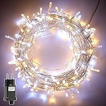H HANSEL HOME Outdoor and Indoor Christmas Light Chain Lights with 8 Lighting Modes Waterproof IP44, LED Christmas Lights with Transparent Cable (White and Warm Light, 200 LEDs 10M)