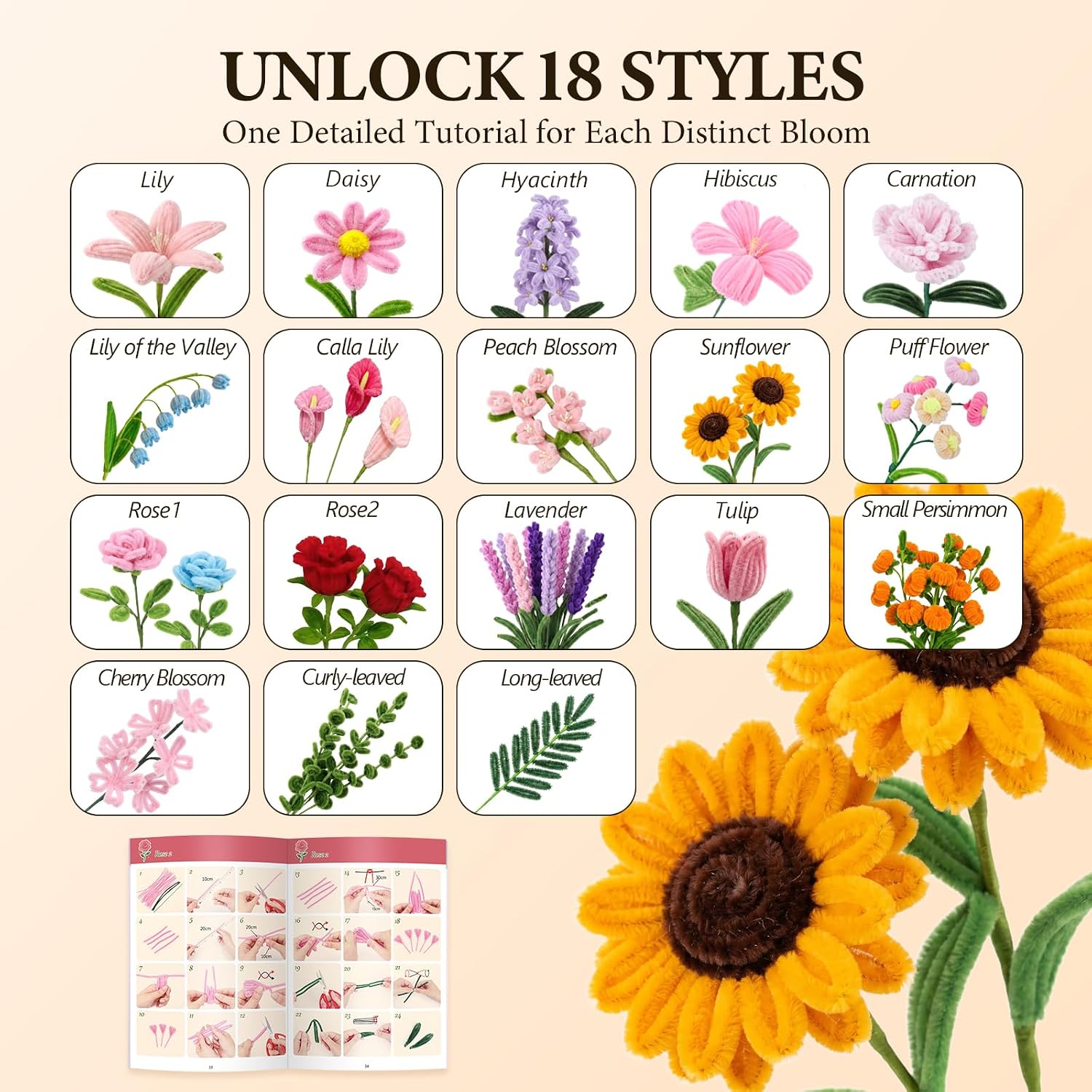 OcePor 800 Pcs Pipe Cleaner Flower Kit, 19 Colors Pastel Pipe Cleaners Bulk, Rainbow Pipe Cleaner Craft with 18 Flowers Instruction, Colorful Chenille Stems, Floral Wire Stems, DIY Making for Arts