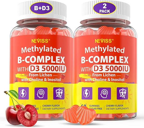 Methylated Vitamin B Complex Gummies with L-MethylFolate, Methyl B12, Plus 5000IU D3, Choline & Myo-Inositol for Women Men, All B Vitamins for Energy, Mood & Immune Support, Sugar Free, Vegan, 120Cts