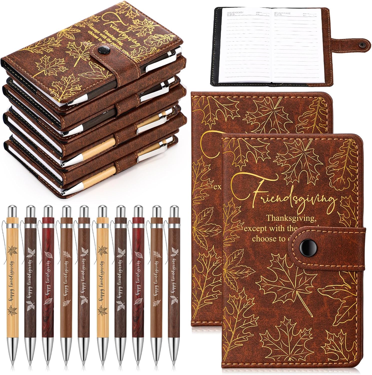 Yexiya 30 Sets Thanksgiving Notebooks with Maple Leaf A6 Leather Journals and Bamboo Pens, Party Favors for Women Friends Bestie Sorority, 60 Pcs