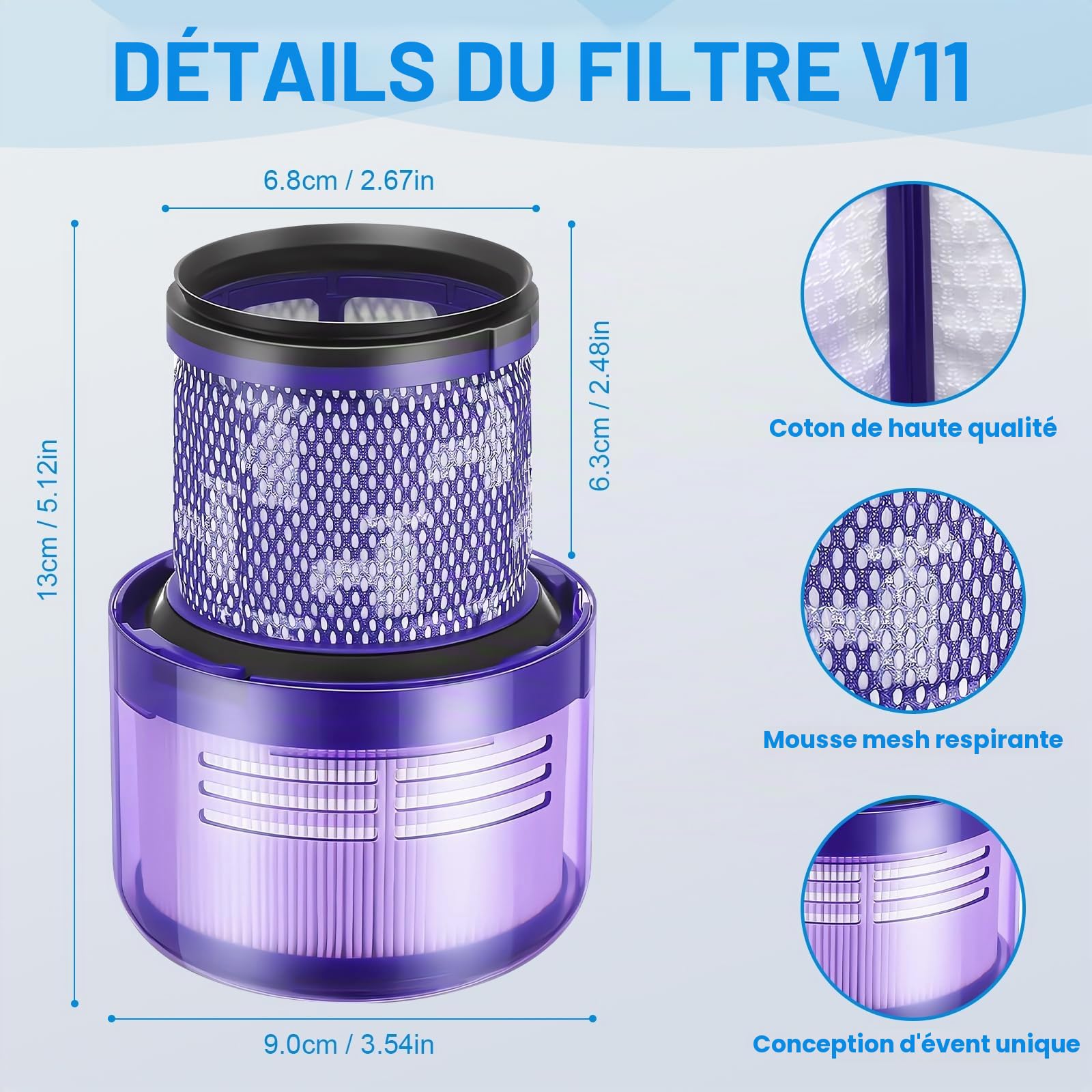 LabTEC V11 Batterie Li-ion pour Dyson 25,2 V 3900 mAh Batterie de rechange pour aspirateur sans fil V11 (type de vis) SV14 Absolute avec LED + filtre + brosse + vis (ne convient pas aux modèles avec