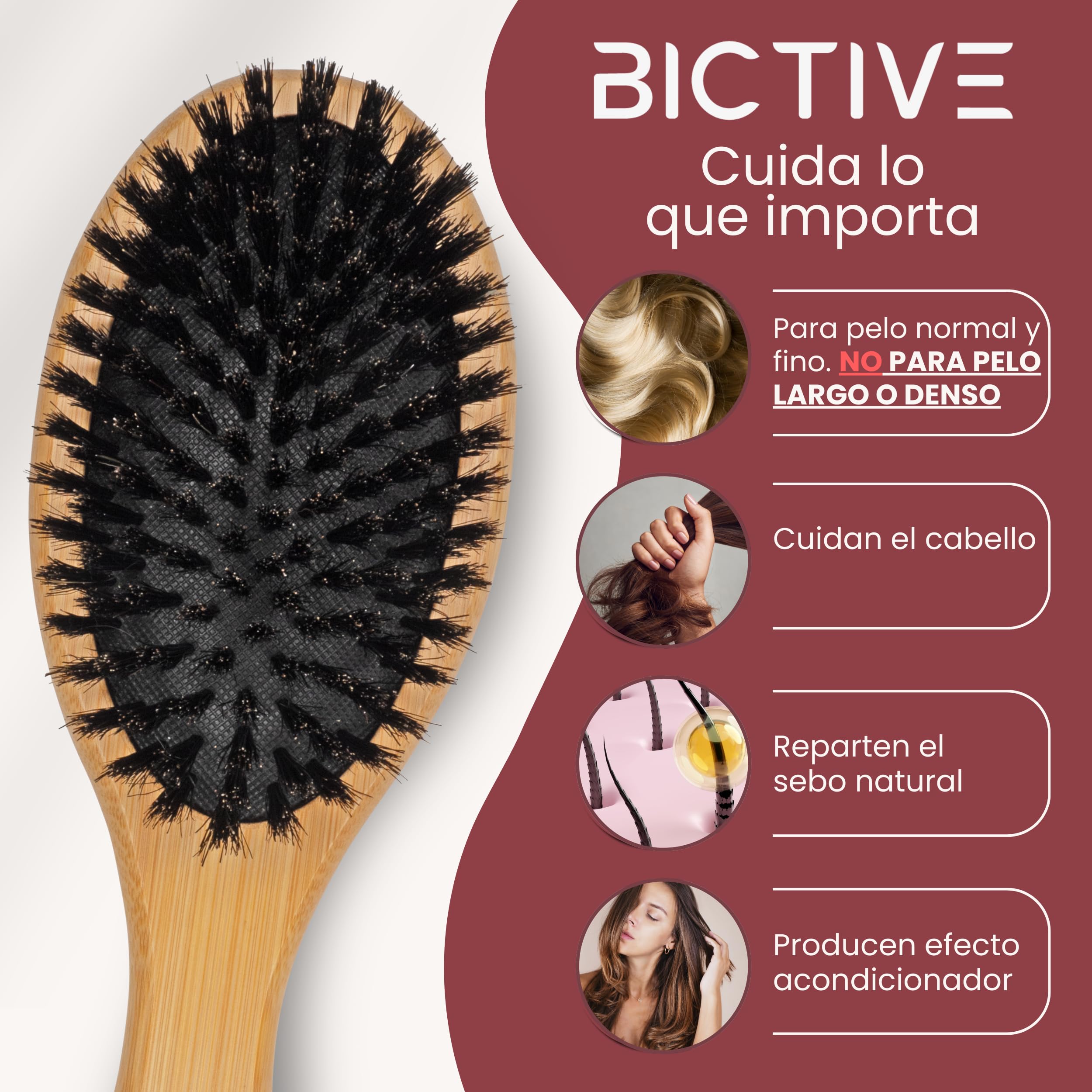 Cepillo de Cerdas de Jabali Largas Naturales para Cabello Normal y Fino. Cepillo Pelo Antirotura, Alisador, Clean Look, Cepillo Cerdas Naturales para Mujer, Hombre y Niños. Peine Jabalí
