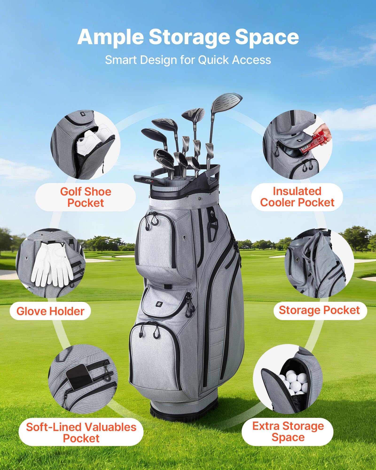 VEVOR Golfbag mit 15-facher Einteilung, Golftasche mit Schultergurt Silikon-Kopfschutz Durchgehenden Trennfächern Regenhaube Stautaschen, Caddybag aus Leichtem Polyester für Herren Damen Golf Cartbag