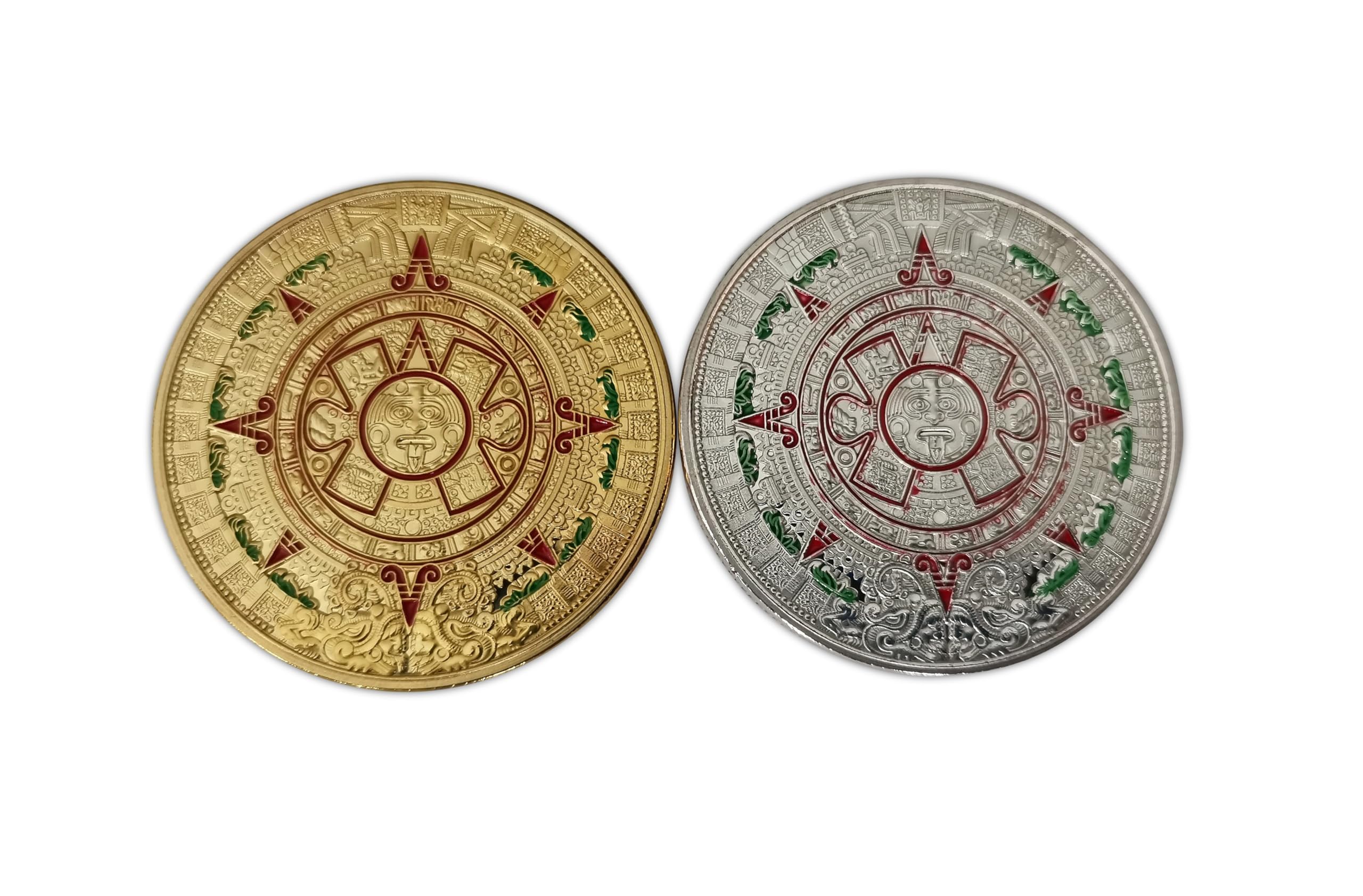 Eillwin Aztec and Mayan Calendar Prophecy 2 Piece Coins Set, Two-Tone Sun Stone Historical Souvenir, Home Decor Ornament