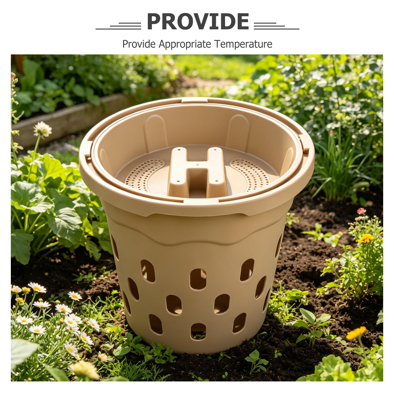 Caja de Compostaje Orgánico para Residuos de Cocina y Jardín, Plástico Beige, Mejora la Calidad del Suelo, Solución para Camas de Jardín al Aire Libre