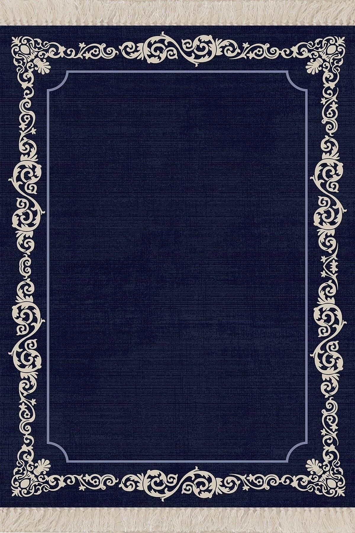 Pelangi Osmanlı Motif Çerçeveli Dijital Baskı Yıkanabilir Kaymaz Taban Düz Salon Halı Ve Yolluk, Lacivert 160 x 160