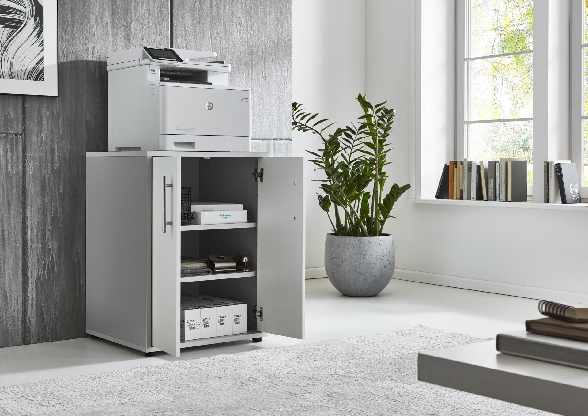BMG Möbel Druckerschrank Bürokommode 74 cm hoch mit 2 Türen, 3 Einlegeböden, optimal als Erweiterung für Schreibtische wählbar in 18 verschiedenen Farbkombinationen (Anthrazit/Weiß Hochglanz)