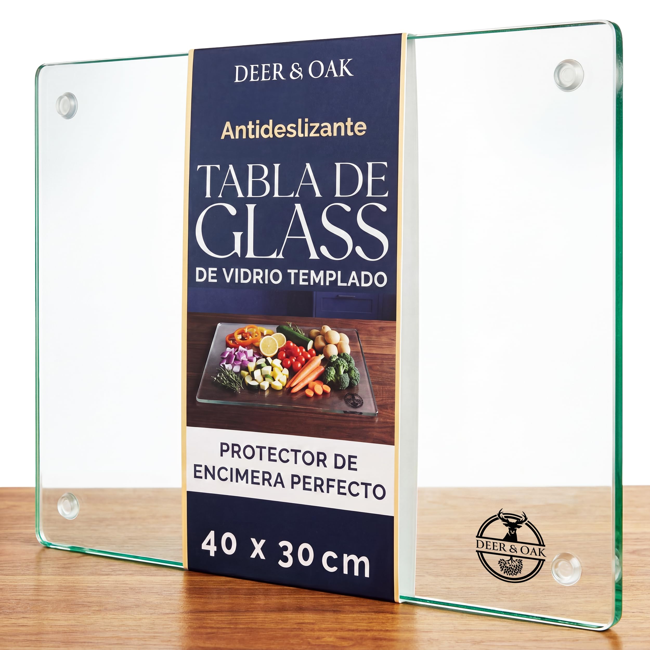 Deer & Oak Tabla de cortar de vidrio – XL – 40 x 30 cm, 6 mm de grosor, tabla de cortar de vidrio templado transparente, resistente al calor, protección de placa con patas antideslizantes