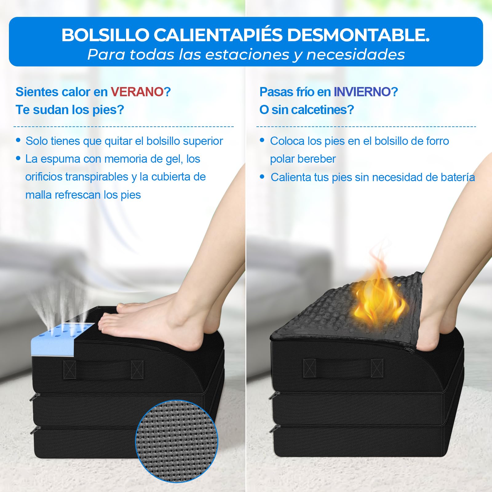 KingPavonini Reposapies de oficina, Espuma con Memoria de Gel, 3 Alturas Ajustables Ergonómico, Bolsillo Caliente para Los Pies,Aliviar Molestias de Espalda Cadera Piernas (Negro2)