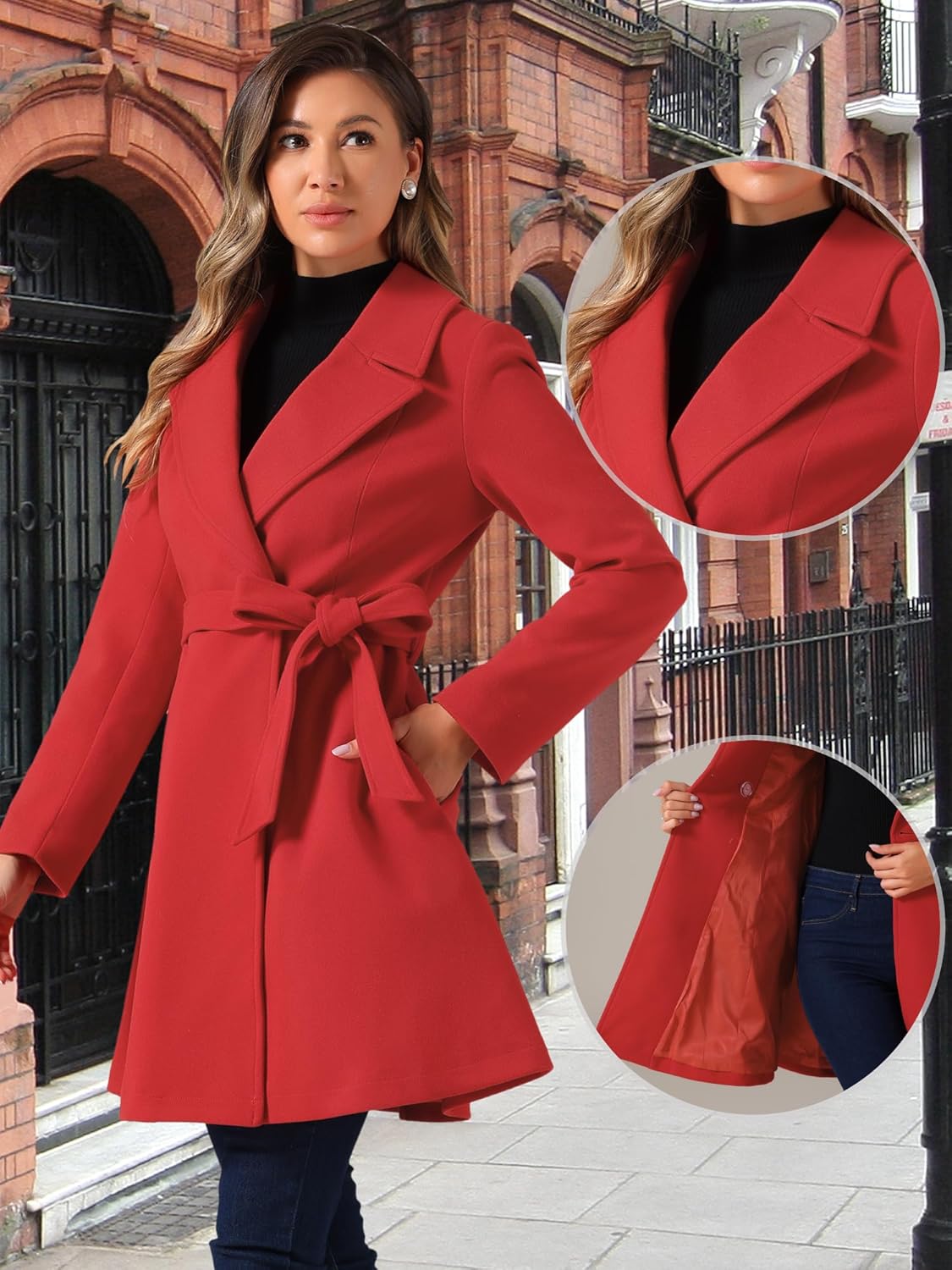 Allegra K Winter Pea Coats for Women Shawl Lapel Overcoat Single Breasted Belted Long Trench Coat - Image 4