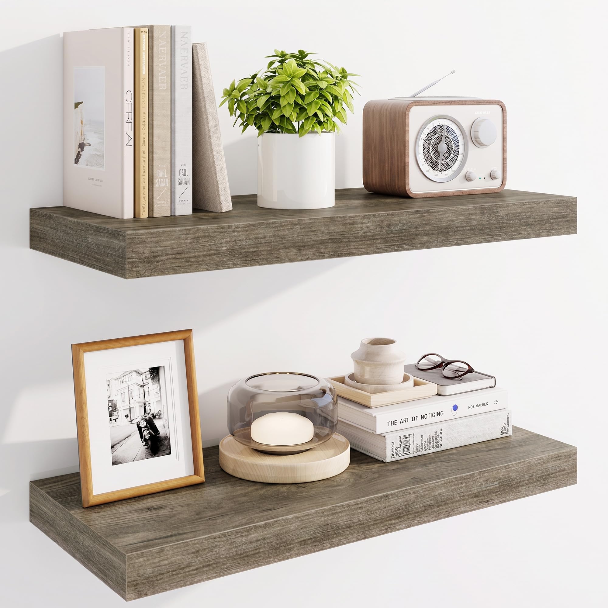Marsmiles 24" Floating Shelves for Wall, Wooden Shelves with Invisible Brackets Set of 2, Rustic Farmhouse Wall Mounted Shelf for Kitchen Bathroom Living Room Study, Grey