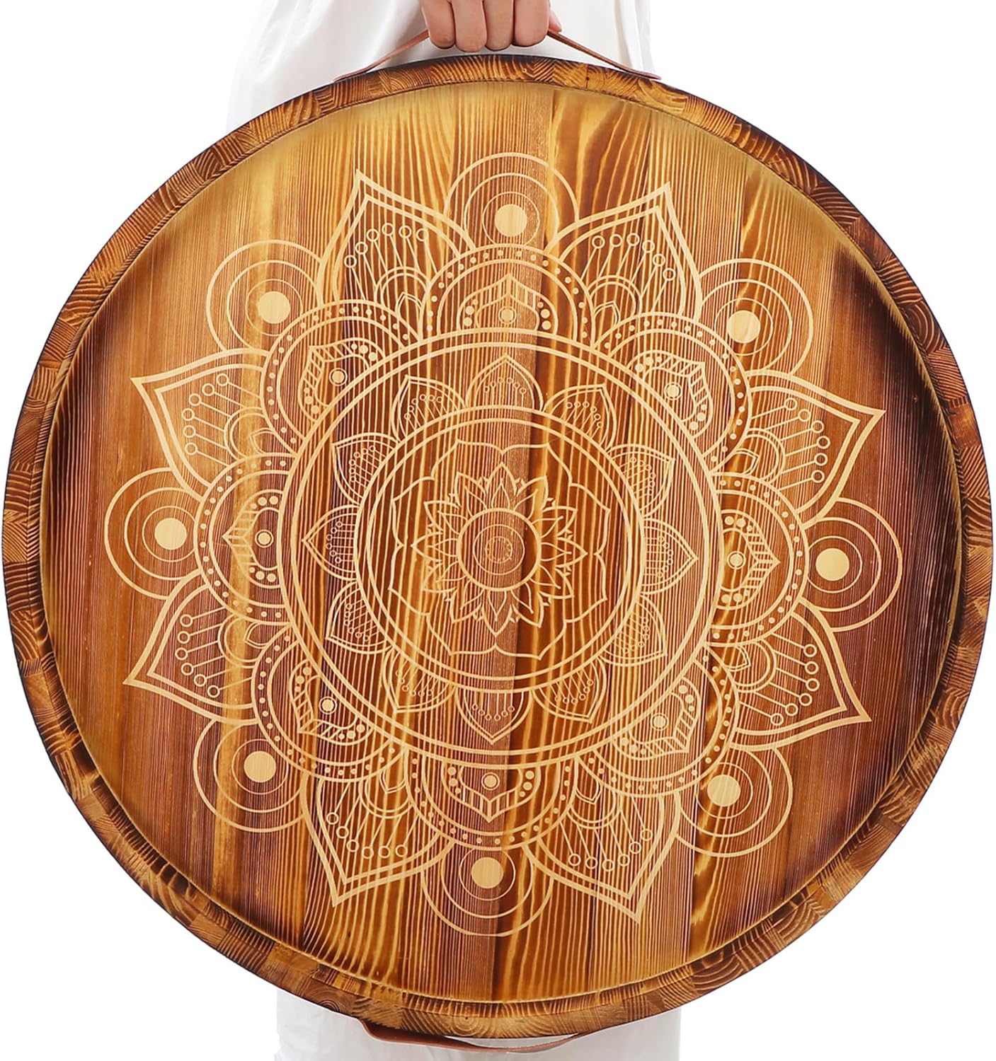 24 Inch Christmas Ottoman Tray Mandala Wooden Serving Tray with Handle Rustic Round Ottoman Large Farmhouse Coffee Table Multipurpose Decorative Platters for Kitchen Brown