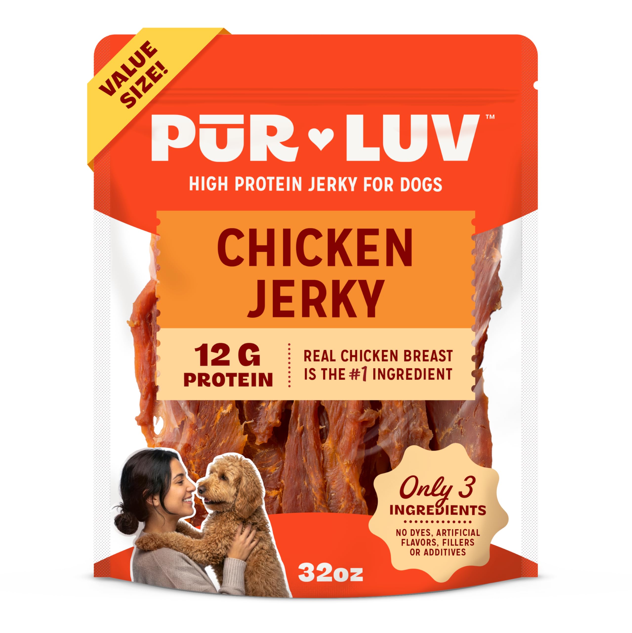 Pur Luv Chicken Jerky Dog Treats, Made with 100% Real Chicken Breast, 32 Ounces, Healthy, Easily Digestible, Long-Lasting, High Protein, Satisfies Dog's Urge to Chew