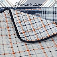 Vista 4 de Cozy Line Home Fashions Bennett - Juego de ropa de cama acolchada, diseño náutico de cuadrícula a rayas azul marino naranja, 100% algodón, colcha
