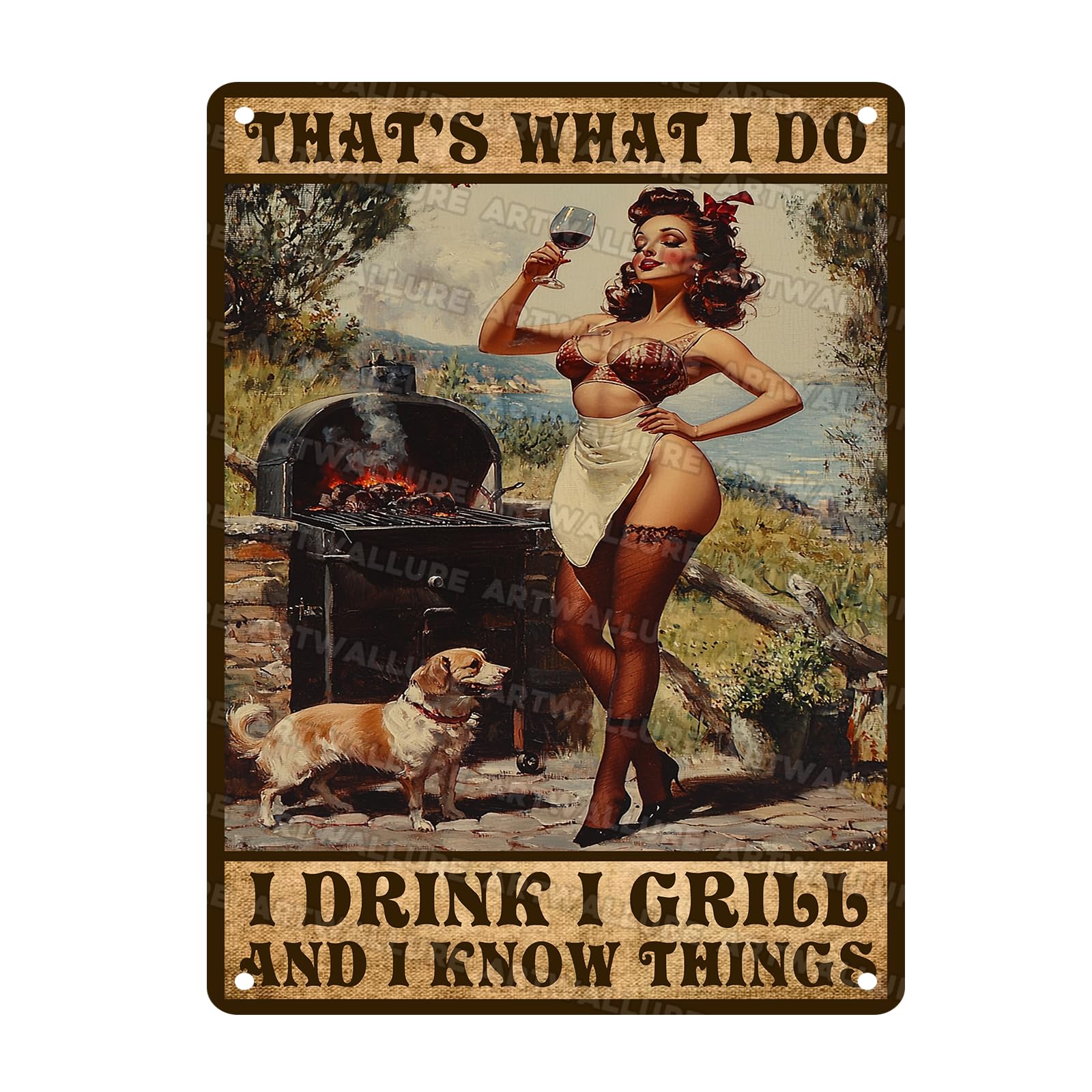 BBQ Girl Iron Painting Metal Poster Vintage Wall Art I Drink I Grill I Know Things Retro Tin Plaque Man Cave Garage Bar Decor 12x16Inch