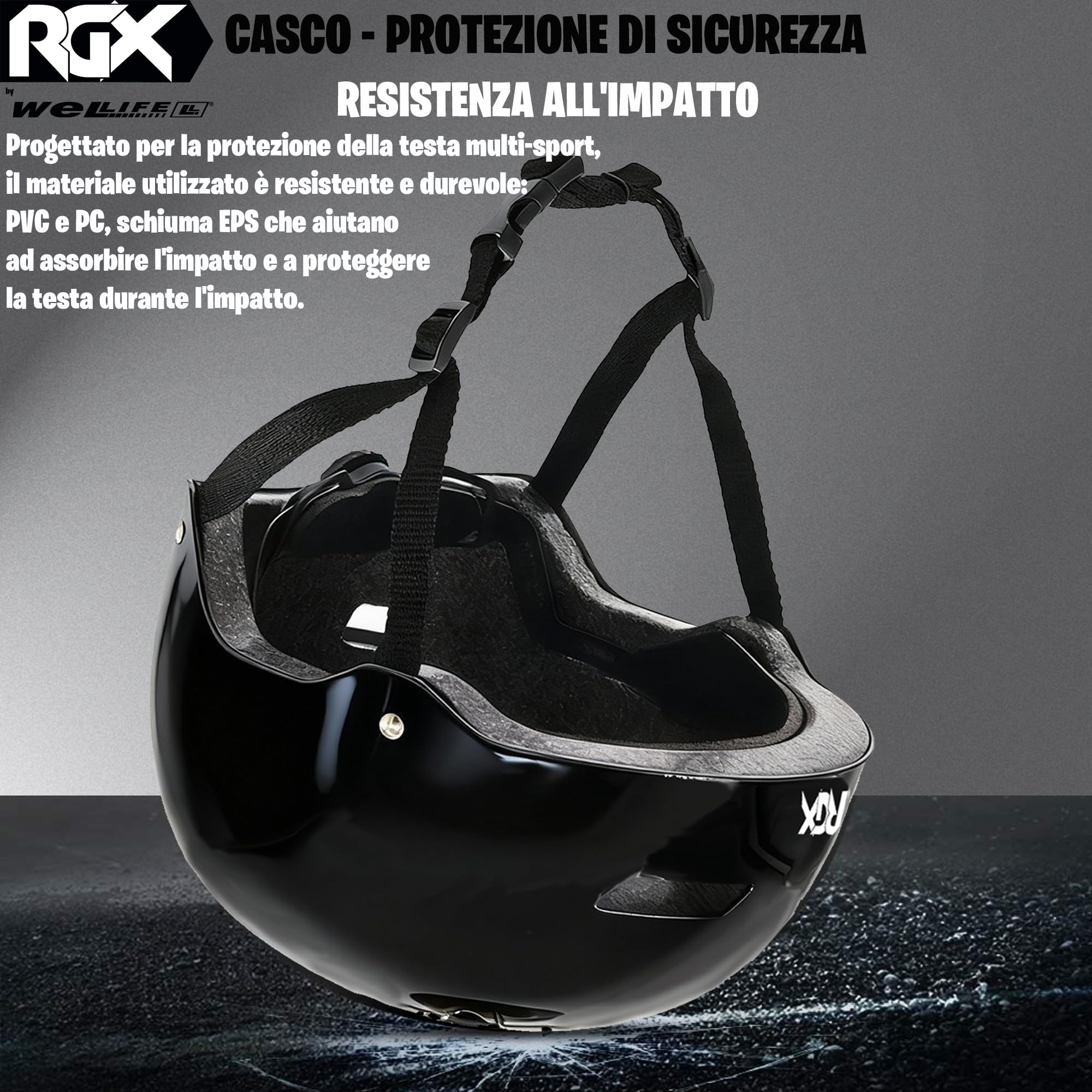 WeLLIFE Casco Regolabile per Ragazzi e Adulti Protezione Elmetto Nero RGX adatto per Skateboard, Bici, Pattini Sicurezza Ideale Multi-Sport Leggero e Sicuro