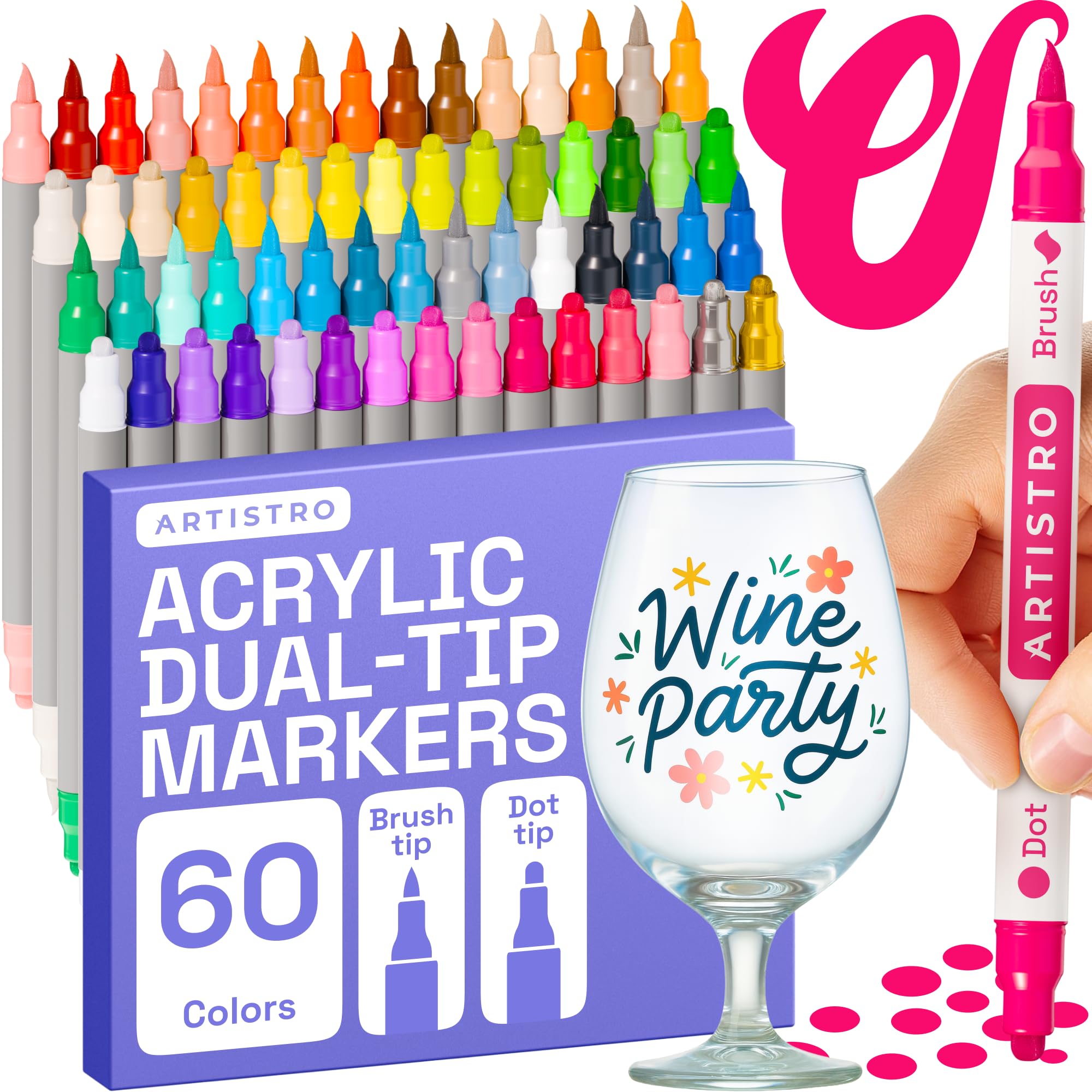 ARTISTRO 60 Acrylic Paint Markers for Fabric, Rocks, Paper, Wood, Canvas, Glass, DIY - Safe for Kids Dual Tip Acrylic Paint Pens (Dual Tip Dot + Brush, 60)