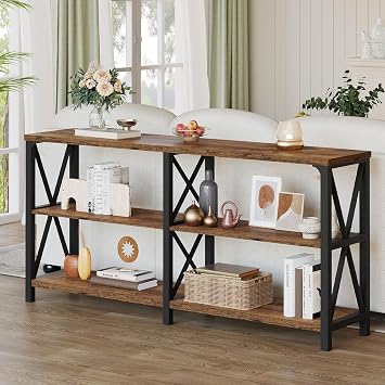LVB Console Table, Industrial Sofa Table for Entry, Rustic Brown, 63 Inch