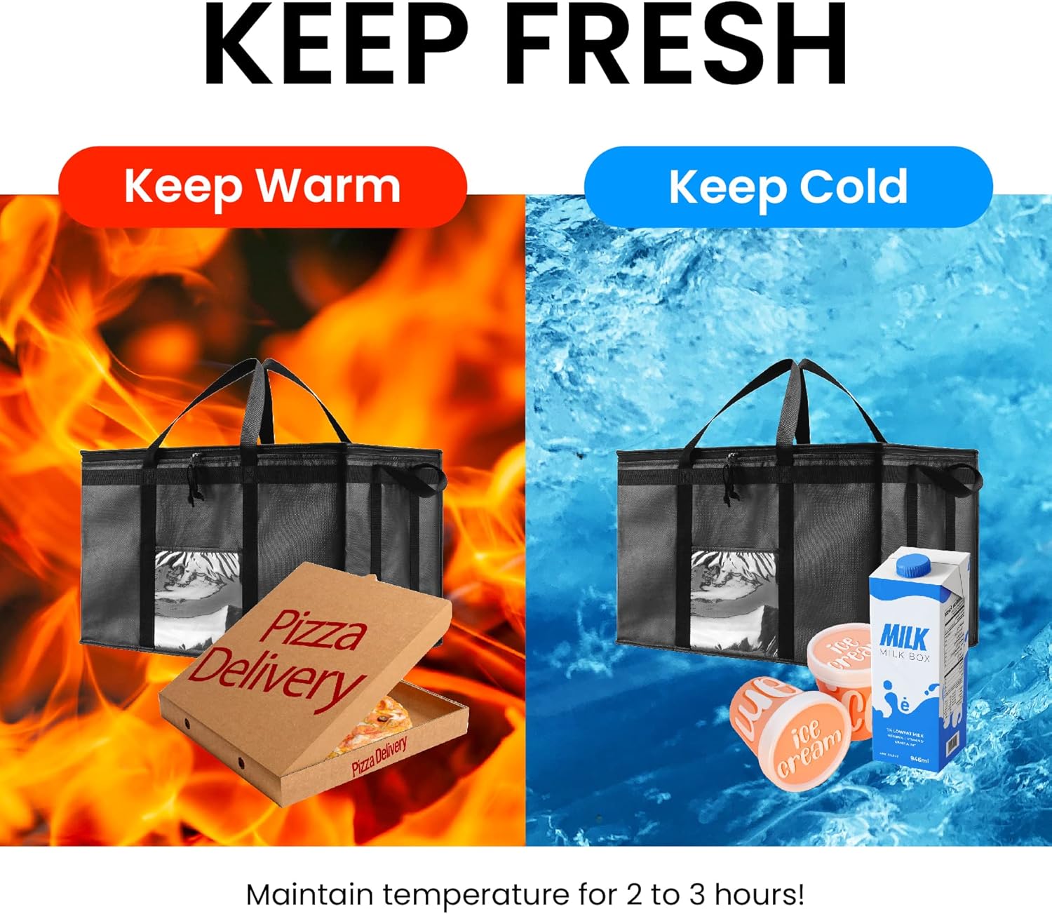 Insulated Bags for Food Delivery (3XL) Grocery Shopping Cooler Bag, Pizza Delivery, Hot & Cold Catering Tote, Reusable, Foldable & Heavy Duty (Black) - Image 5