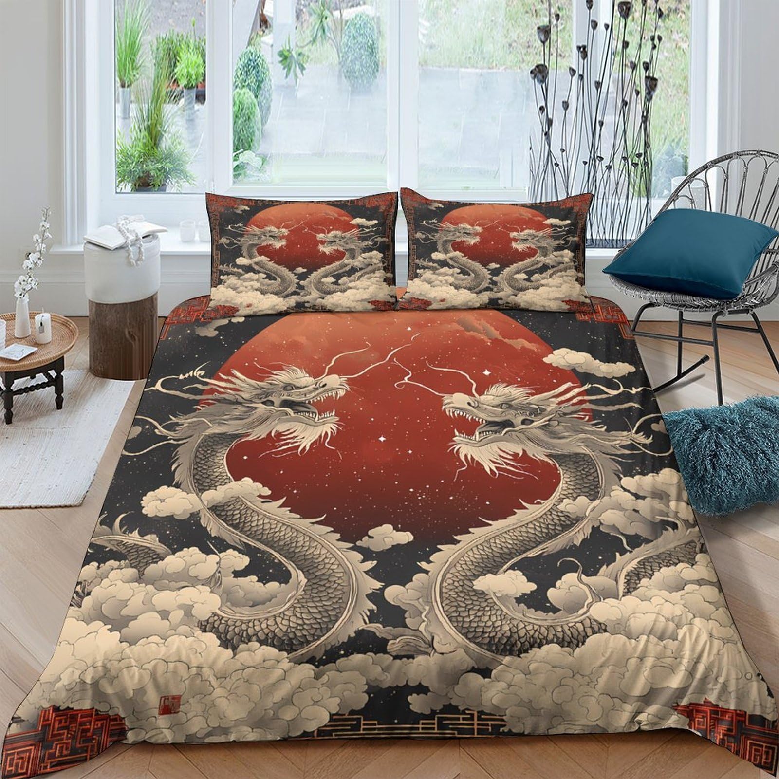 Ctjqhvkz Style-2 3D Printed Oriental Dragon Fitted Sheet Microfiber Red Cloud Pattern Bed Cover For Bedroom Dorm Mattress Protection Decor Single（135X200cm）