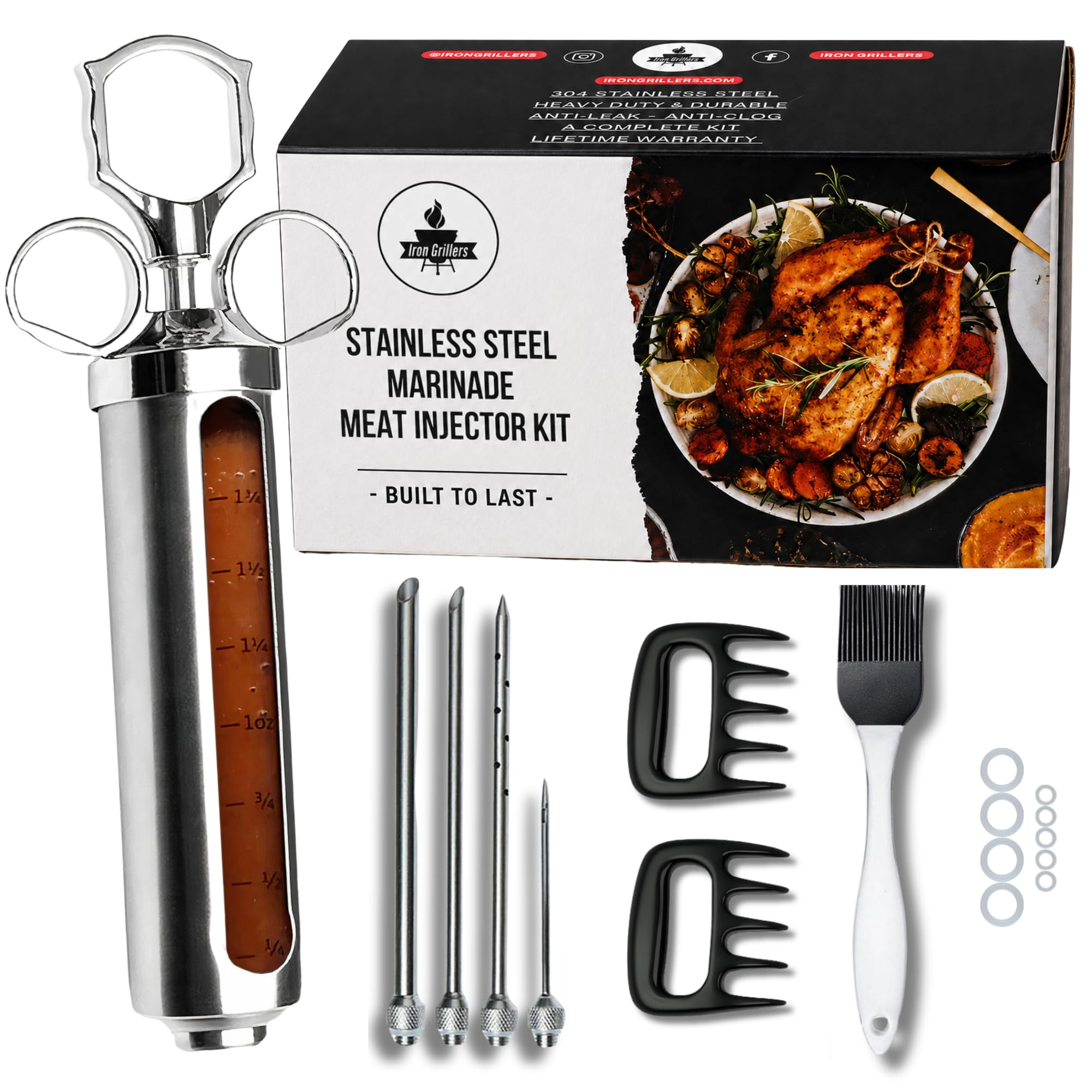 Professionelles Fleischspritzen-Set zum Räuchern und Grillen von Truthahn, Bruststück und Grill, großer Edelstahl, 57 ml Fassungsvermögen, kein Auslaufen oder Verstopfen, Fleischzerkleinerungskrallen