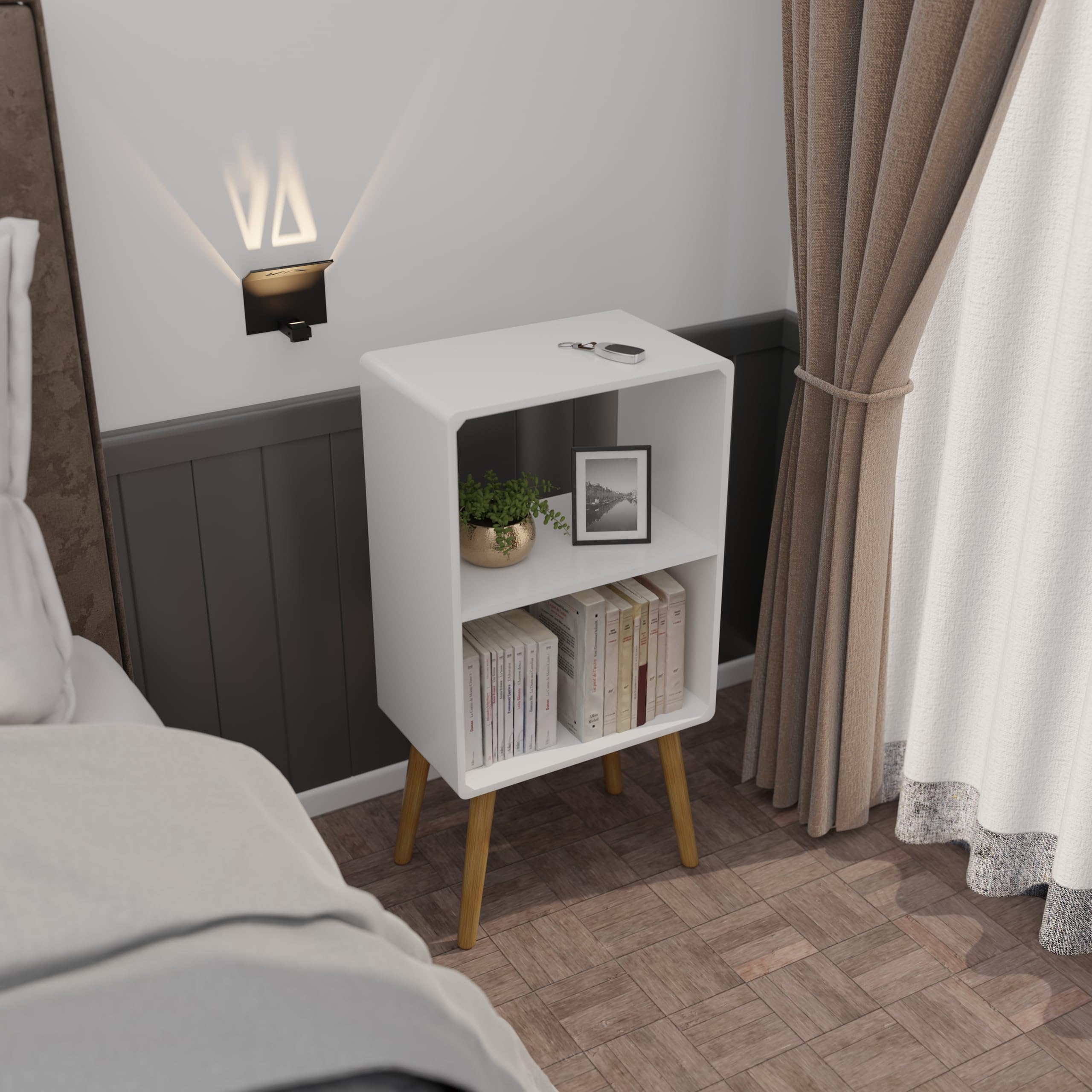 ETIQUETTE ART Bedside Table,Mid-Century Modern Bedside Table with Storage Open Shelf Wood Shelf,Small End Side Table with Decorative for Bedroom,Living Room (White)-image-26