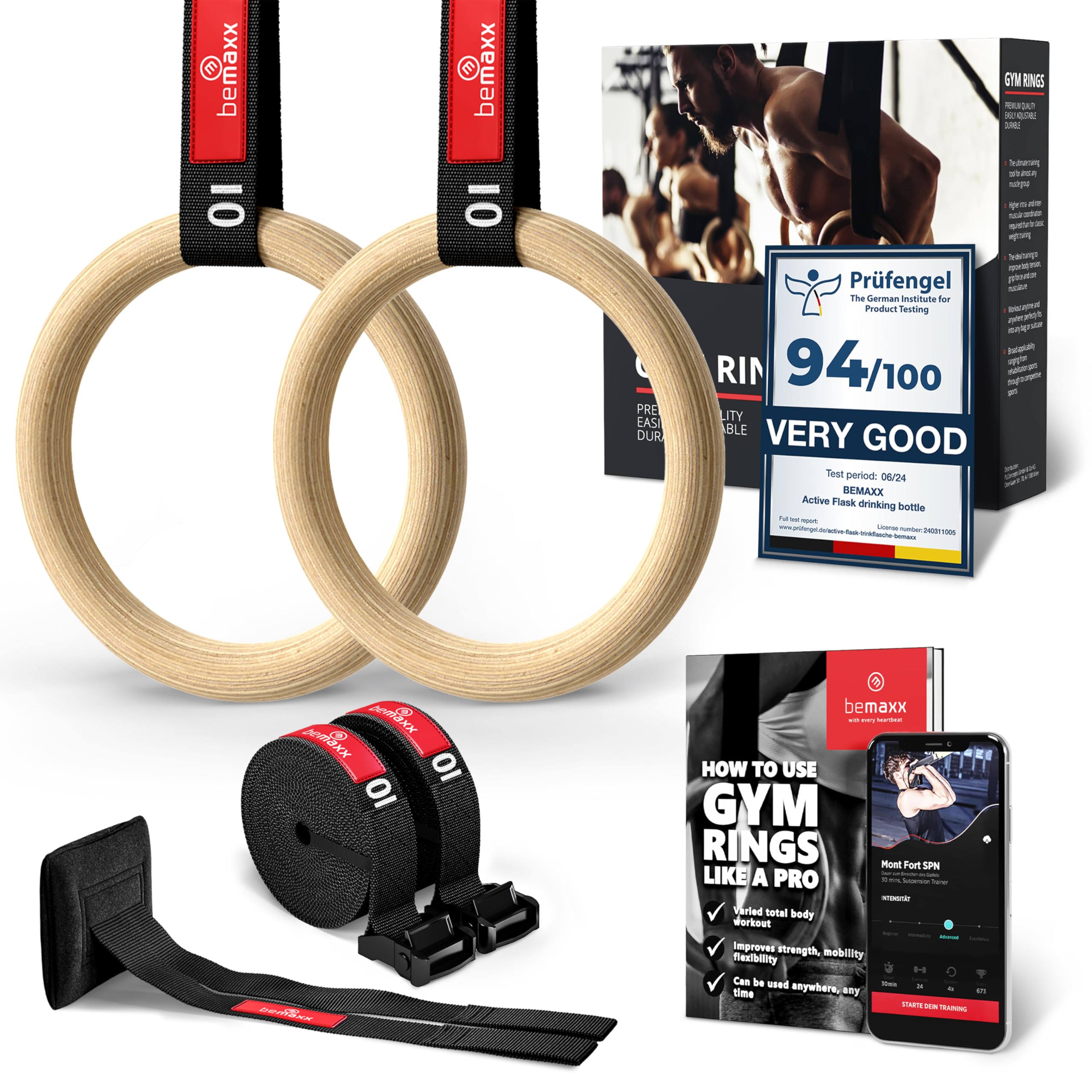 BeMaxx Gymnastic Rings Set Wood + Door Anchor Attachment, Exercise eBook & Safety Straps + Length Markings | Wooden Olympic Gym Gymnastics Athletic Fitness | Home Workout Muscle Training