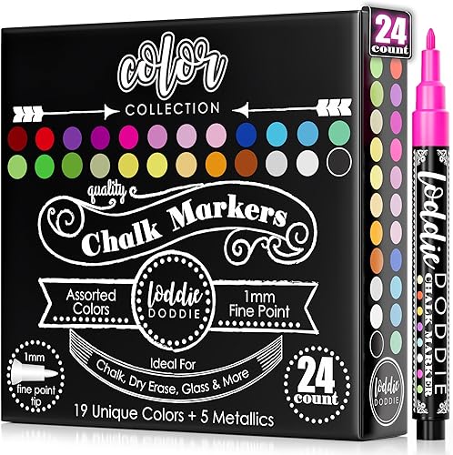 Loddie Doddie Marcadores de tiza líquida, paquete de 24 unidades, sin polvo, punta fina de 0.039 in, tinta borrable para pizarra, ventanas y vidrio,