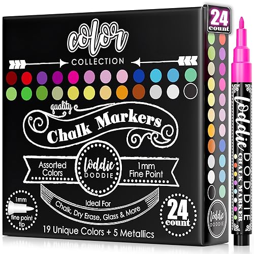 Loddie Doddie Liquid Chalk Markers - Pack of 24, 1mm Fine Tip, Multicolor - Erasable Non-Toxic Ink & Window Markers - Smooth Fine Lines with Chalk Paint Finish for Vendor Booth Display Items