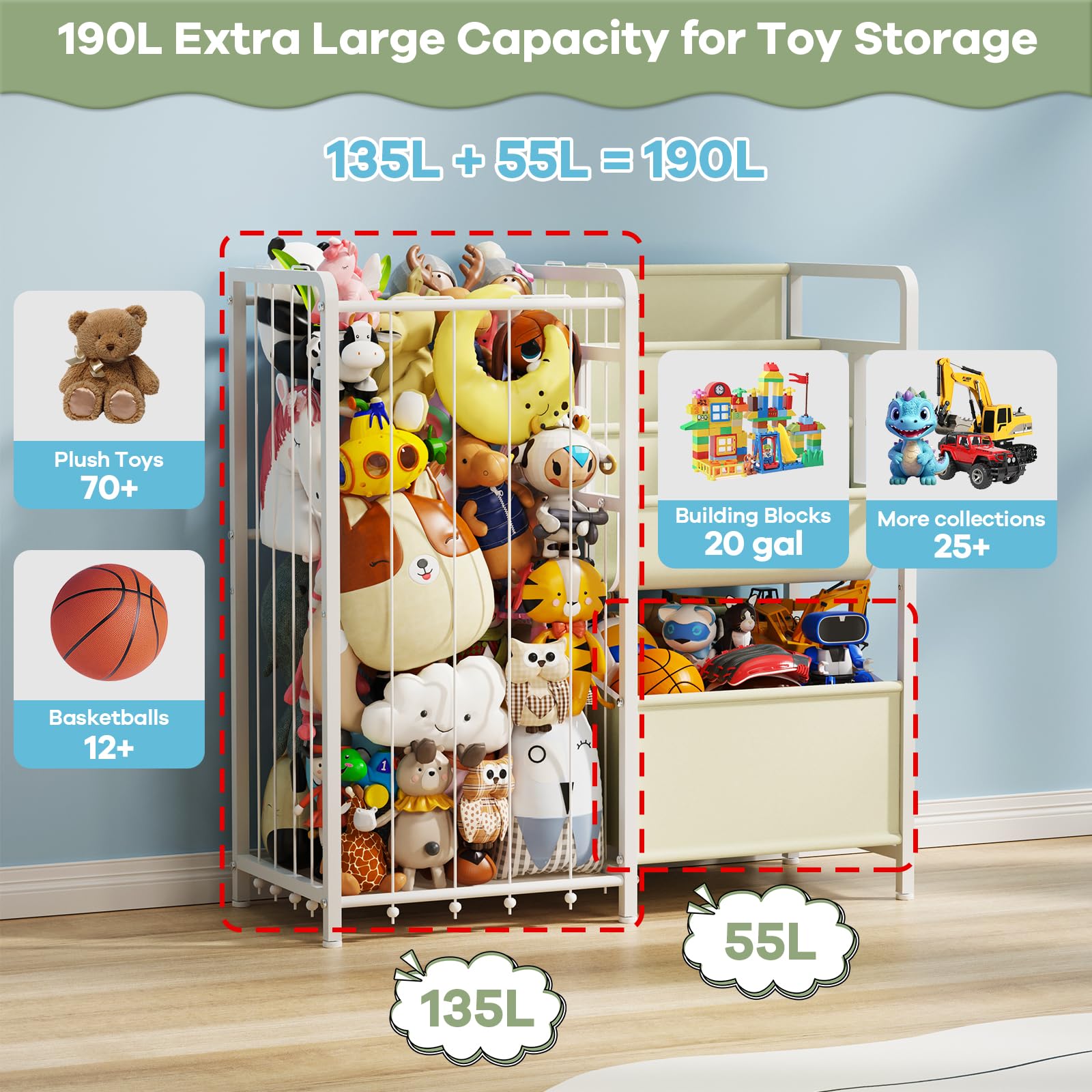 AIJIAMEIER Kids Toy Organizer with Bookshelf, Stuffed Animal Zoo Storage with Bins, 3-Tier Book and Toy Chest Storage for Kid Toy Shelf Organizer for Kids Room Playroom Nursery Kindergarten(Beige)