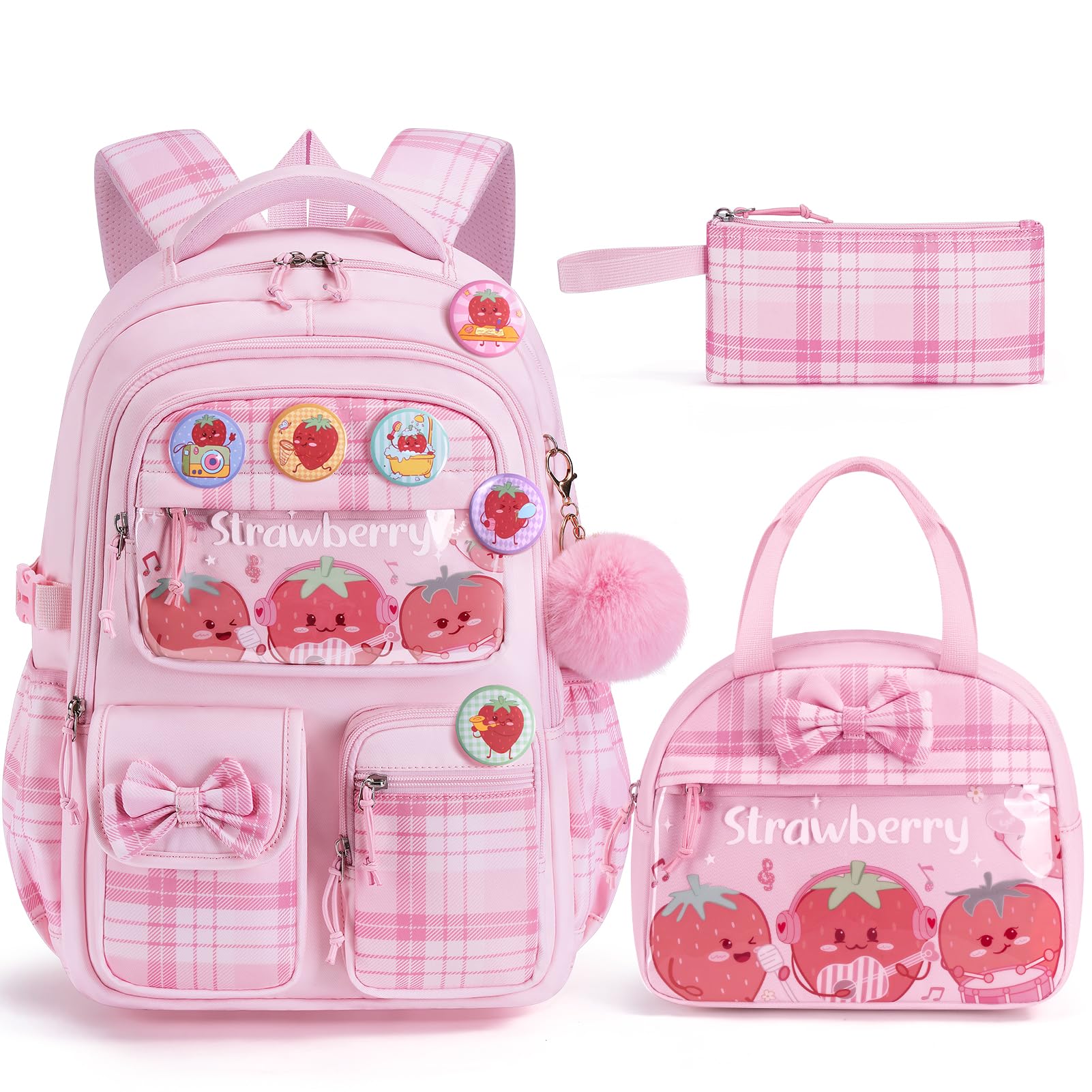 Fimibuke 9PCS Strawberry Girls Backpack for School w/Lunch Box Pencil Case | Waterproof Kids Backpack for Girls, Cute Bow School Bag, Kawaii Bookbag for Preschool Kindergarten Elementary School Students