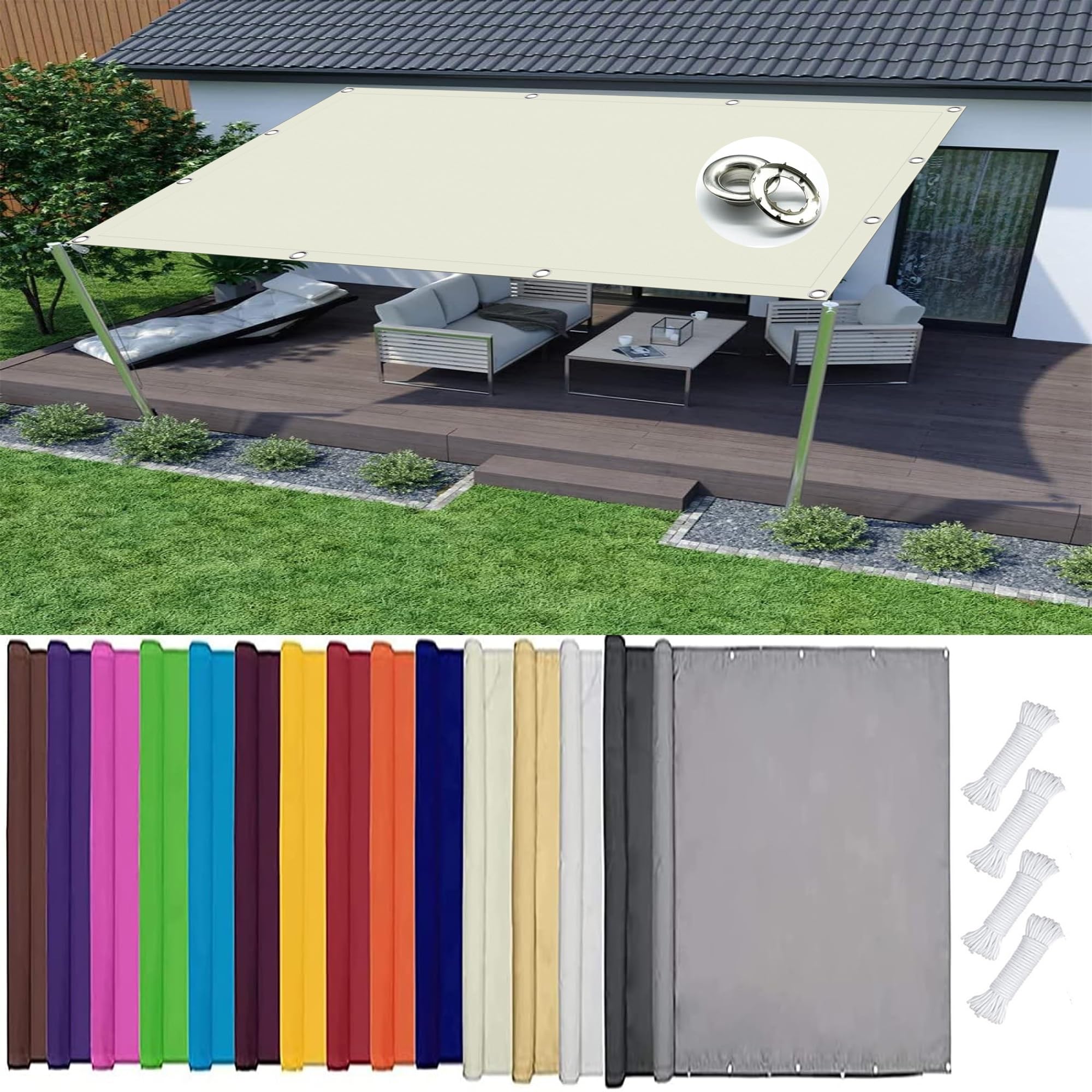 KLGFBDC Rectangular Sun Shade Sail 1.2 x 3.9 m Weatherproof Canopy for Garden & BalconyNo Drilling RequiredAvailable in Multiple Sizes & Colors with Cord Warm White