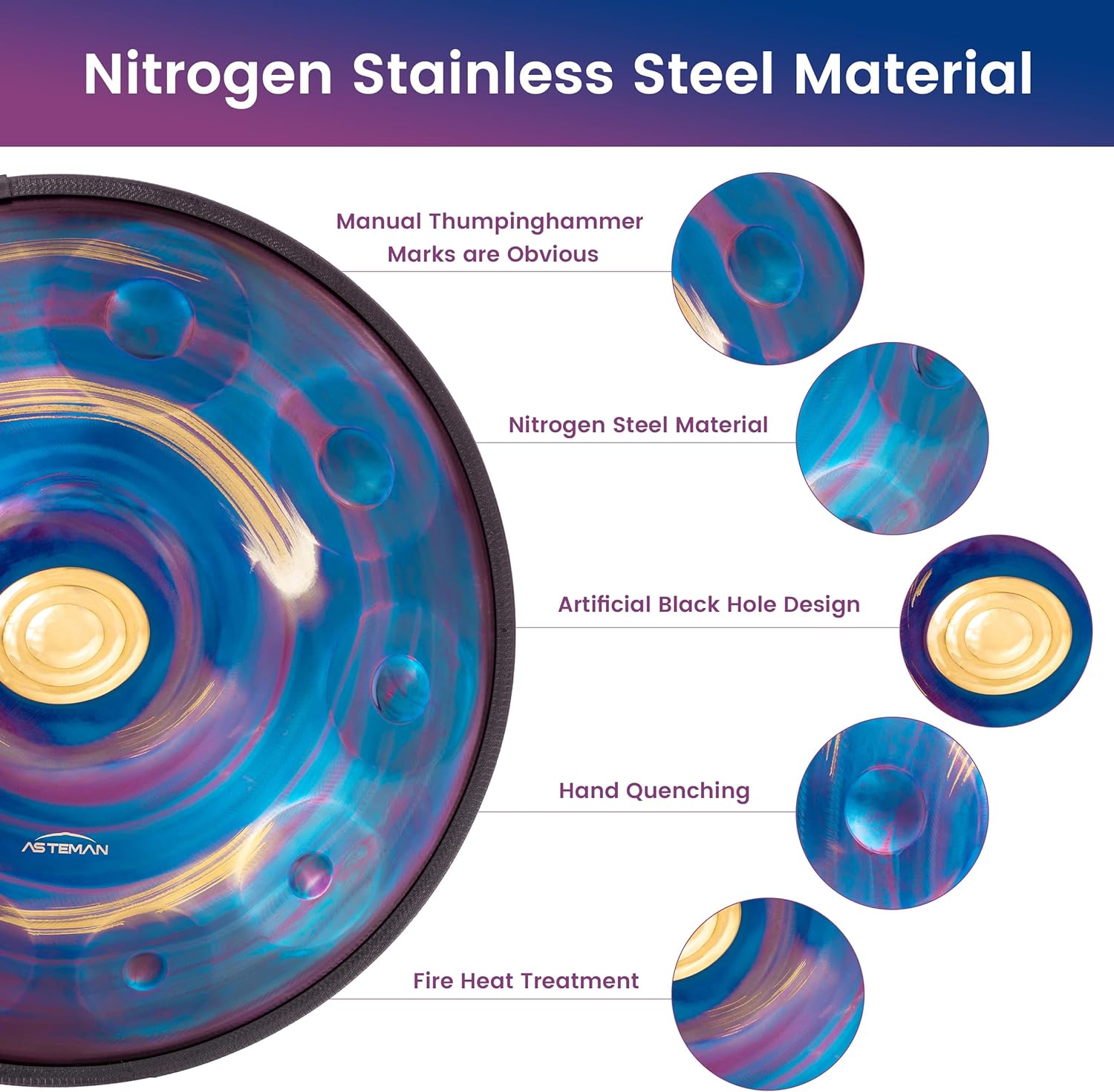 ASTEMAN Handpan in D Minor,432hz 22inches with 10 notes, comes with a backpack, courses, finger sleeves, stand, cleaning cloth, and two mallets. - Image 3