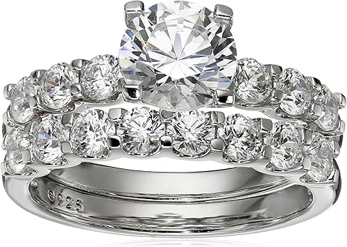 Tienda Essentials Juego de anillos de corte redondo de plata de ley chapados en platino con circonita cúbica (anteriormente colección Tienda)