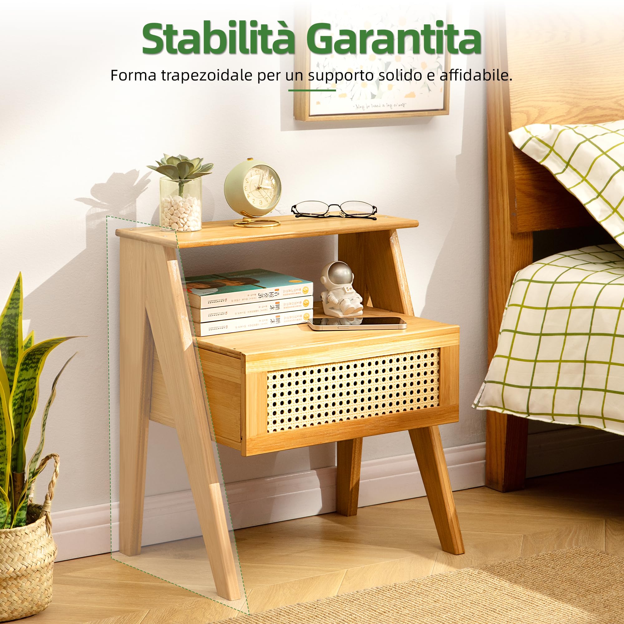 Comodino in Bambù con Cassetto, Mobile da Notte Boho | Design Trapezoidale Moderno| Tavolino Laterale per Camera, Soggiorno e Ufficio| 43x32x51 cm