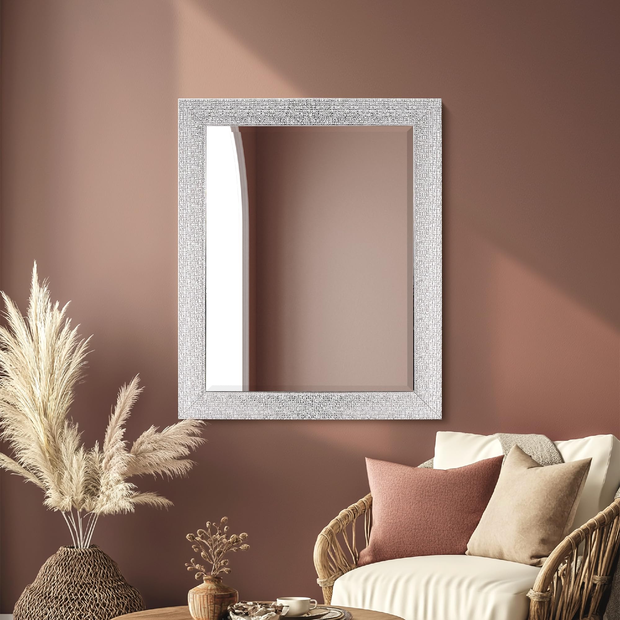 Head West Tile Textured Beveled Frame Chrome and White Mirror, Decorative Wall Mounted Framed Mirrors for Bathroom Sink, Bedroom, and Living Room, 27.5" x 33.5"