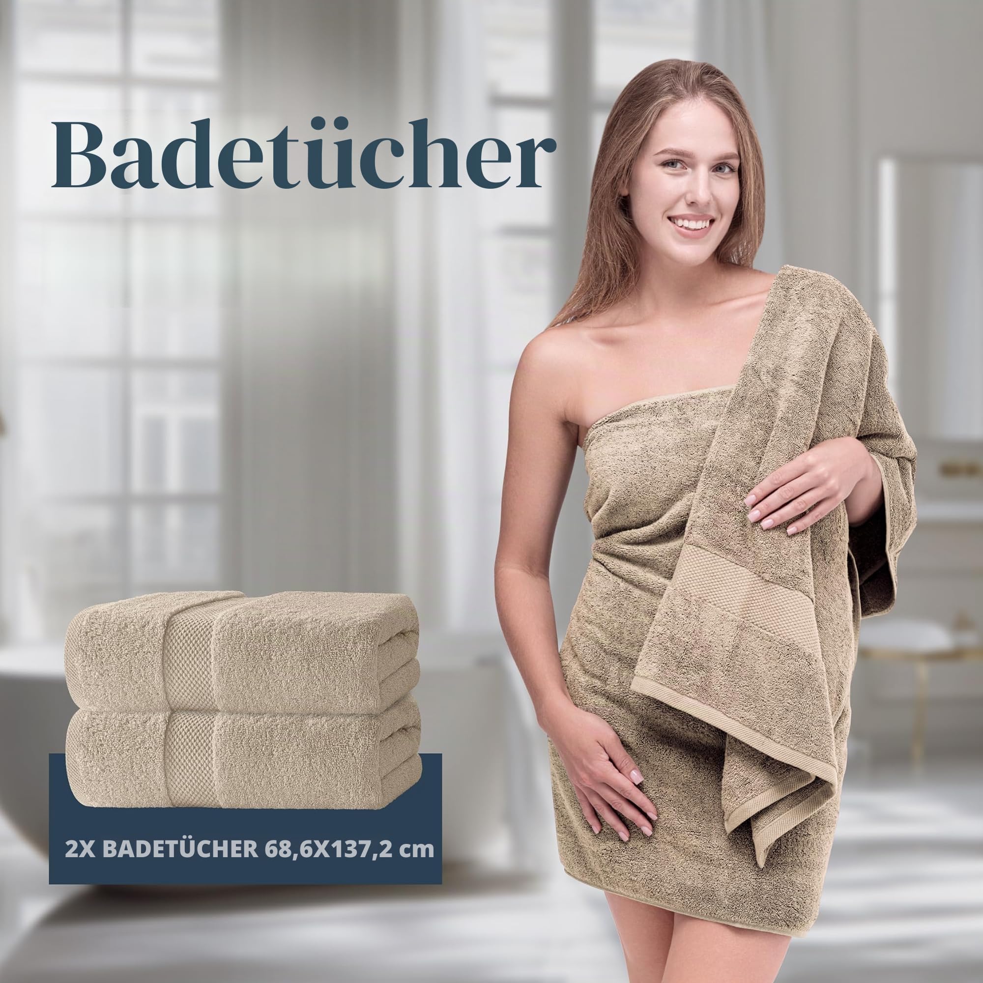 White Classic Luxus-Badetuch-Set mit 8 Teilen, 100 % türkische Baumwolle, sehr saugfähige Handtücher für Badezimmer, 2 Luxus-Badetücher 700 g/m², 2 Handtücher, 4 Waschlappen, Taupe