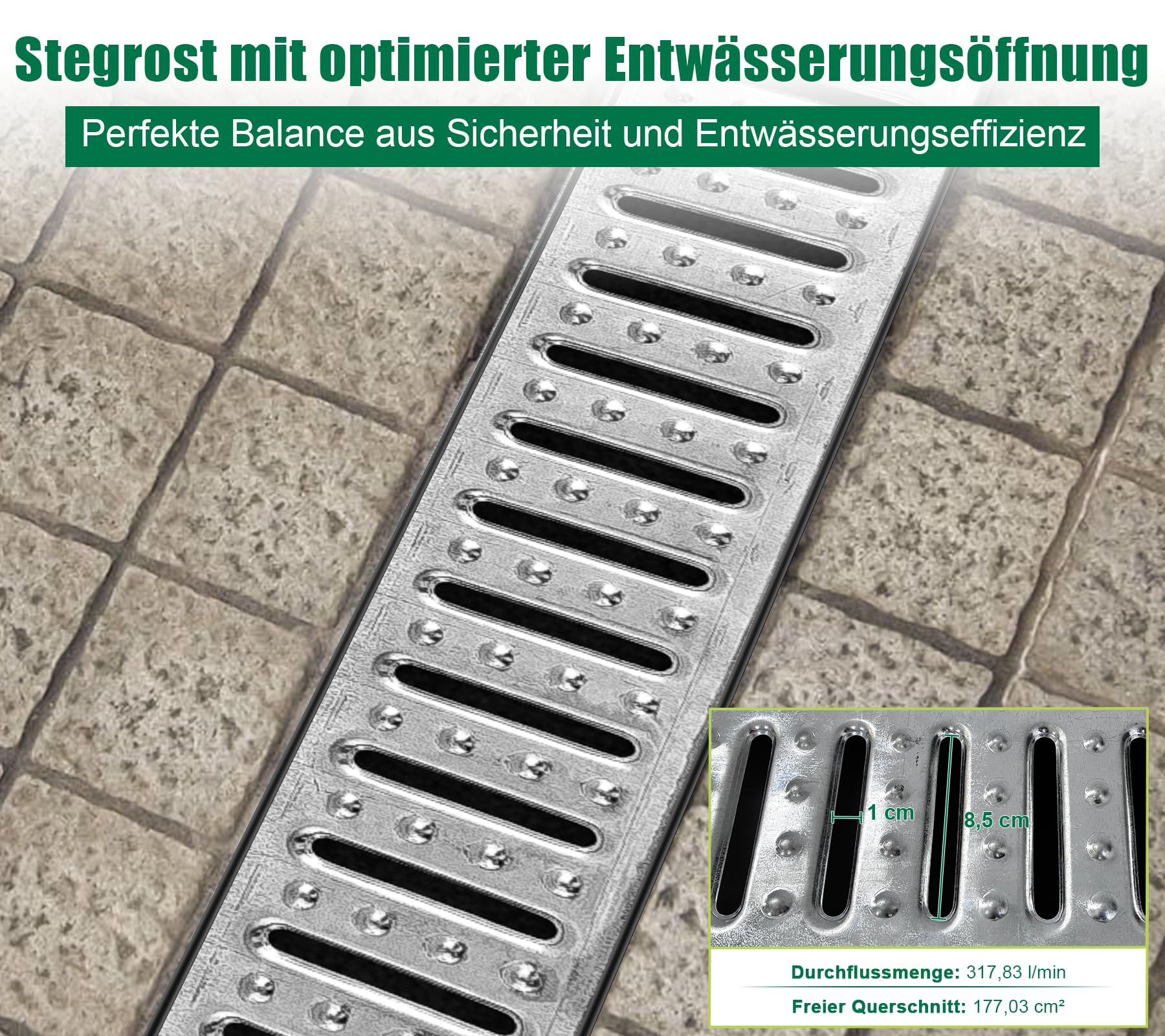 Caniveau extérieur PEHD 1000x155x140mm A15 Grille Acier galvanisé 1m pour allée Jardin Garage